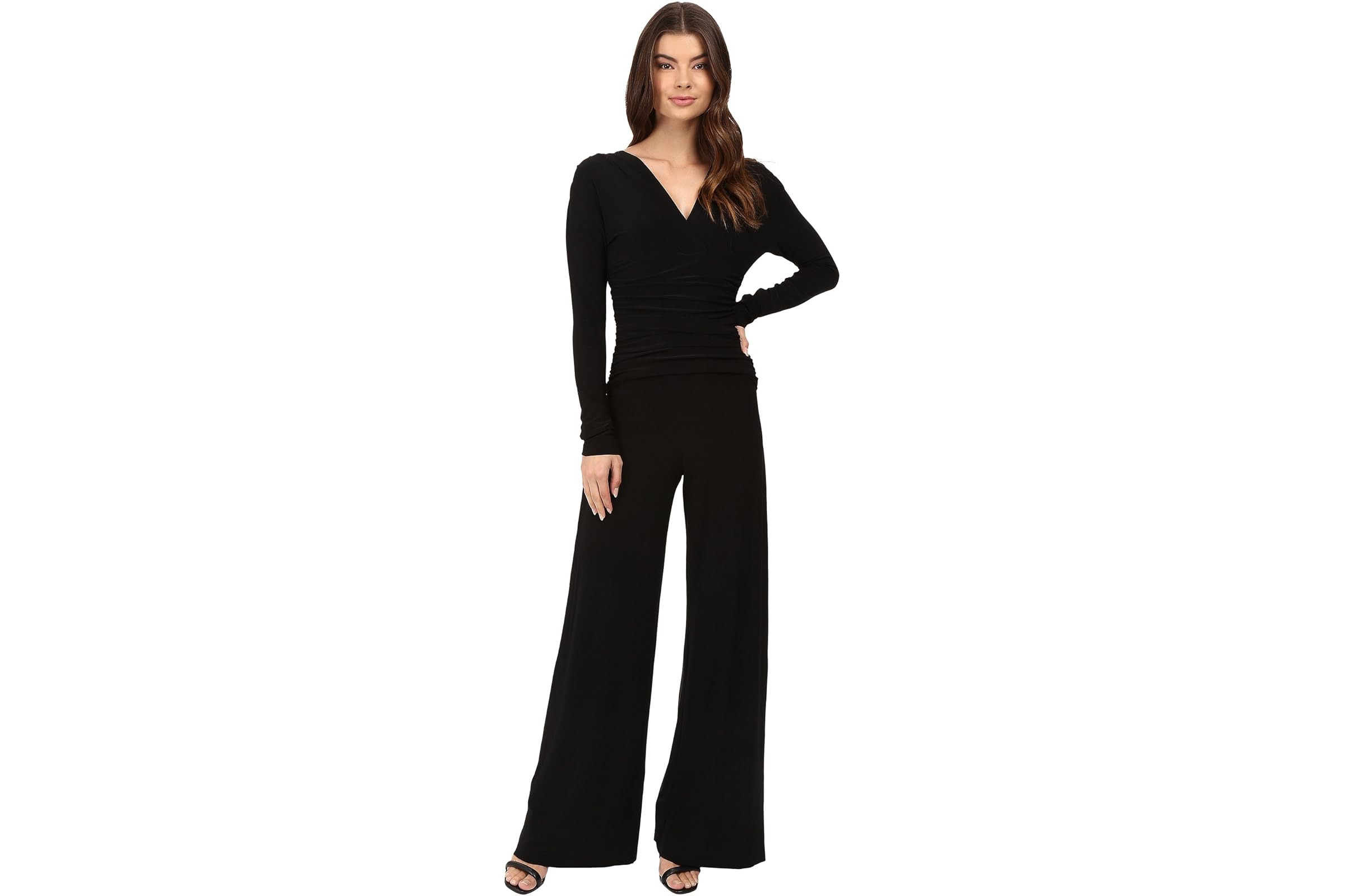 Norma Kamali V-Neck Long Sleeve Shirred Waist Jumpsuit