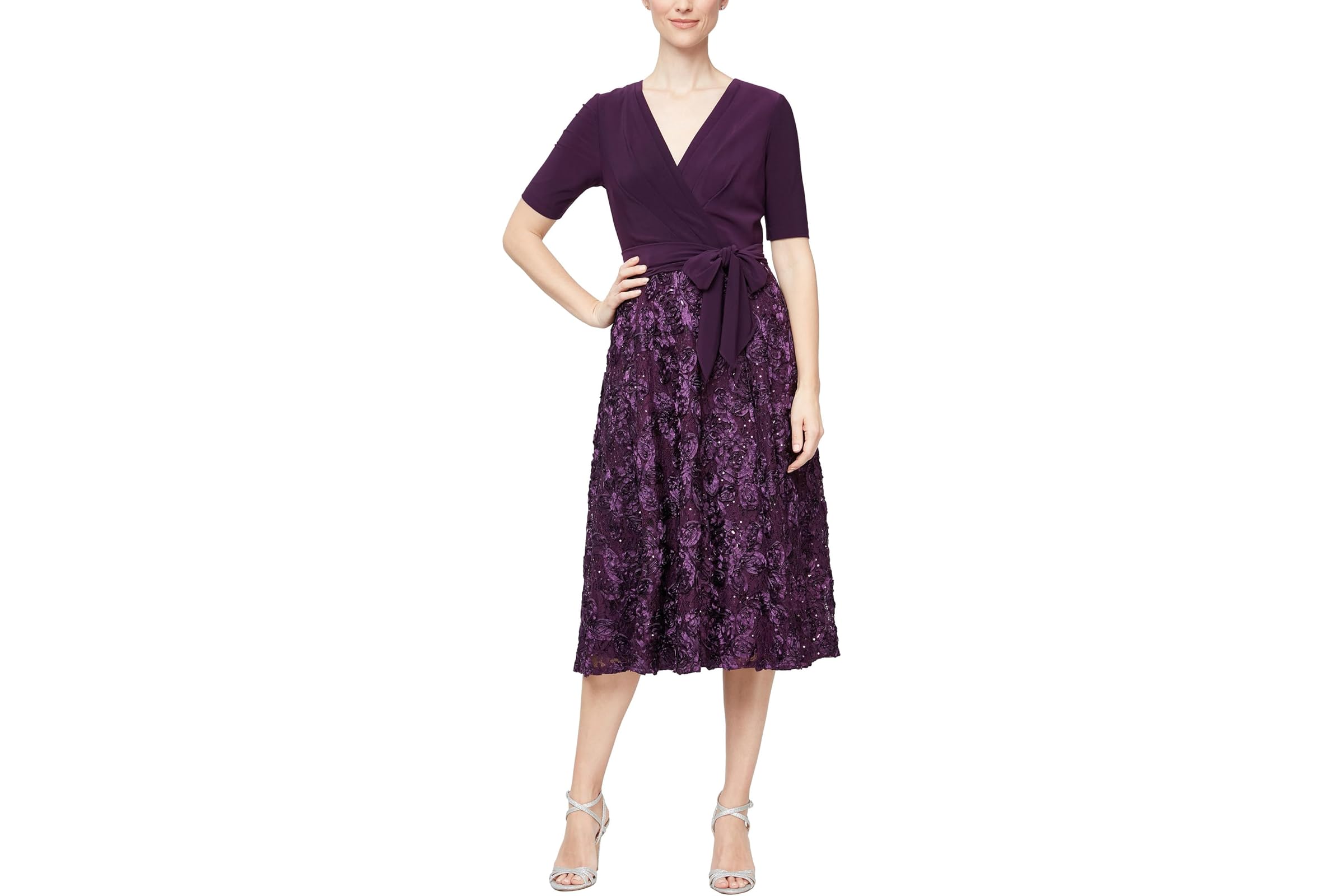 Alex Evenings Tea-Length Dress with Rosette Lace