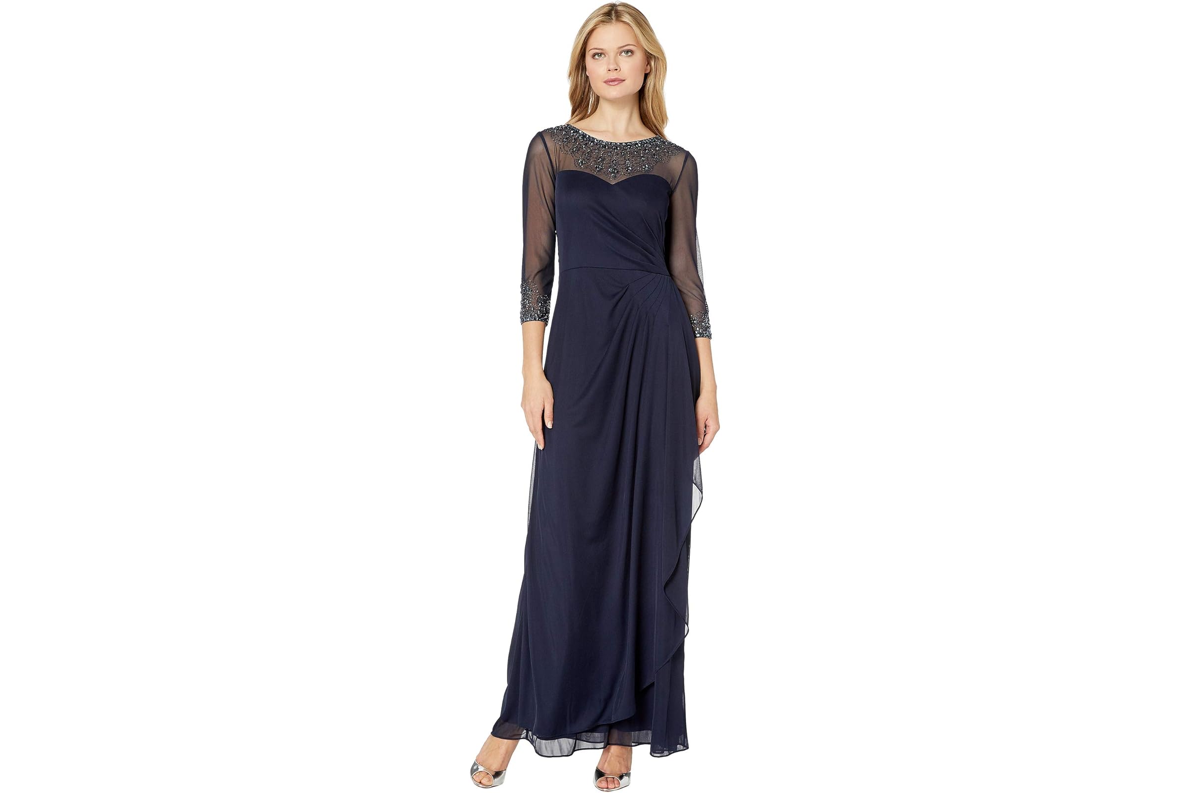 Alex Evenings Long A-Line Dress with Beaded Sweetheart Illusion Neckline