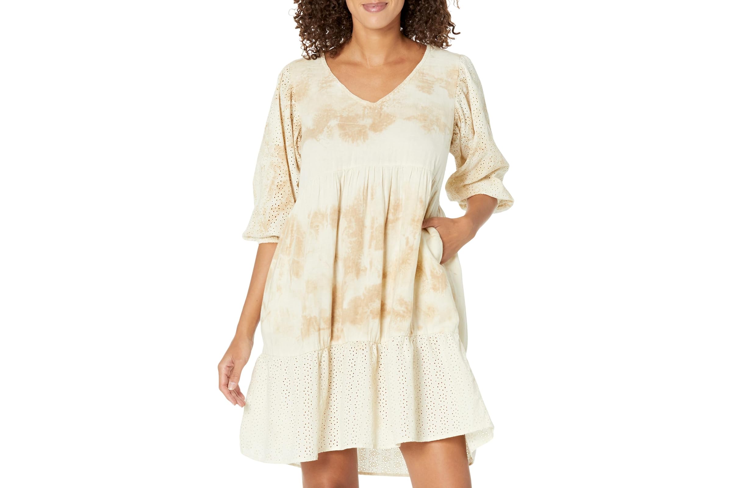 Mod-o-doc Static Wave Tie-Dye Gauze 3/4 Sleeve Lace Mix-Media V-Neck Dress