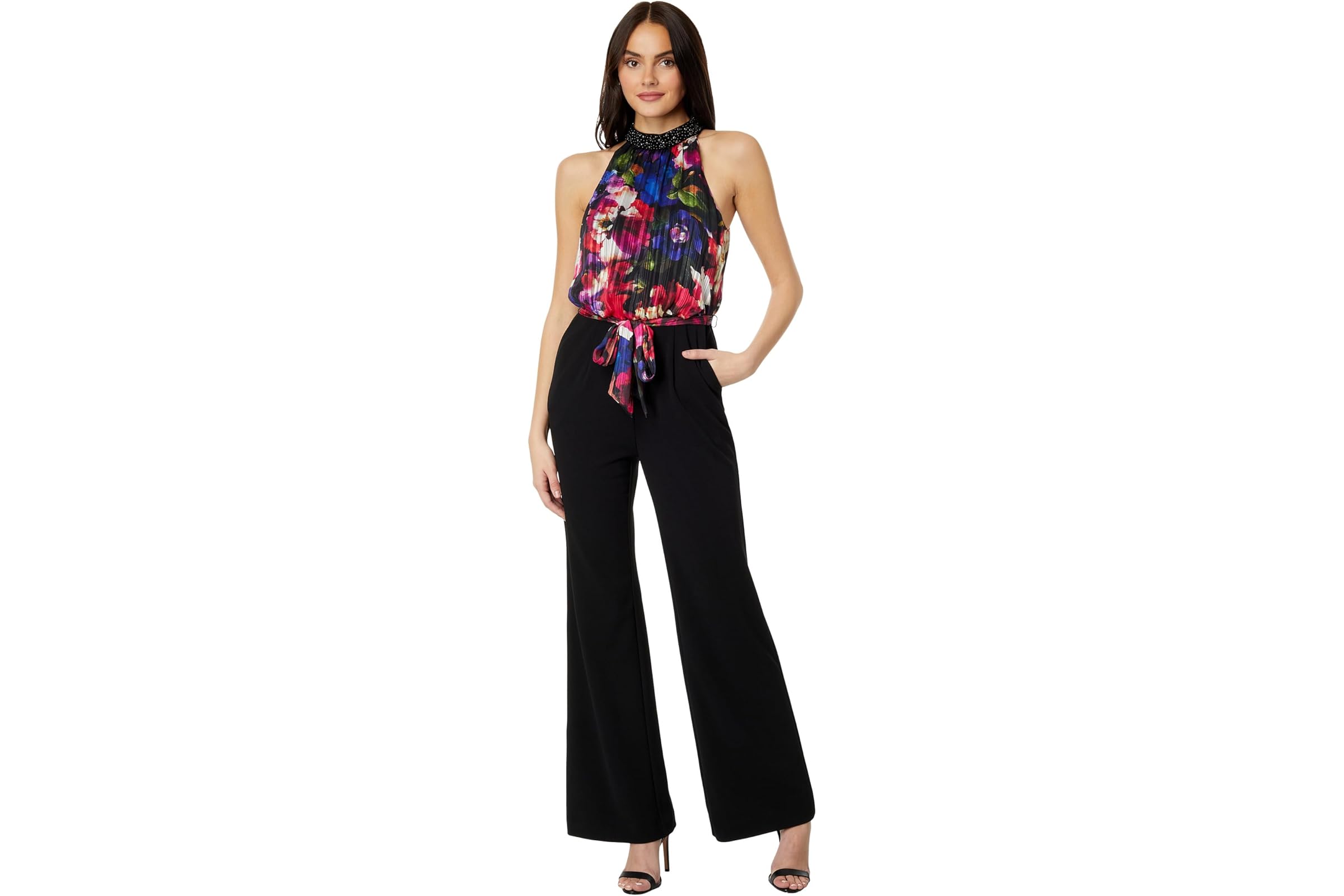 Adrianna Papell Mock Neck Printed Floral Halter Jumpsuit with Solid Black Bottom