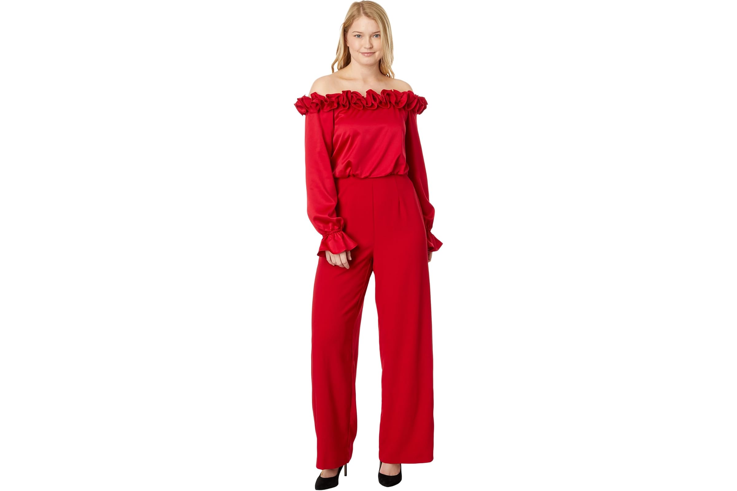 Adrianna Papell Satin Crepe Off the Shoulder Rosette Jumpsuit