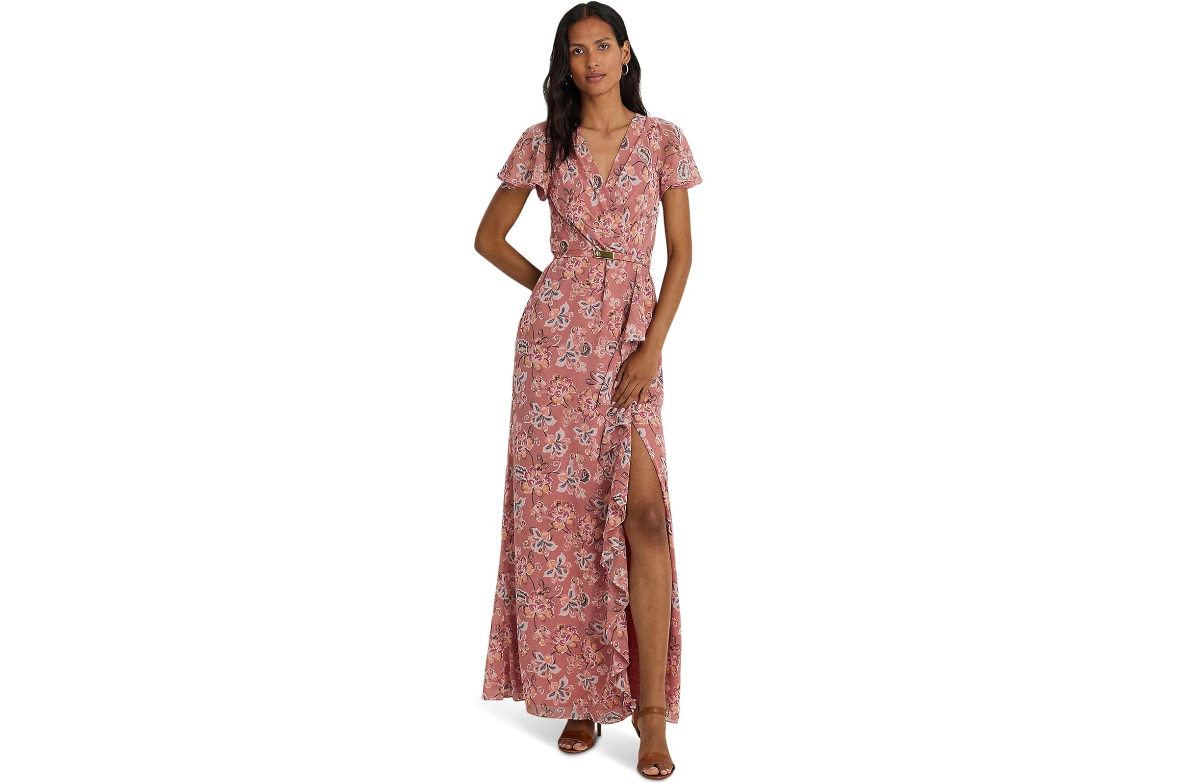 LAUREN Ralph Lauren Floral Belted Flutter-Sleeve Gown