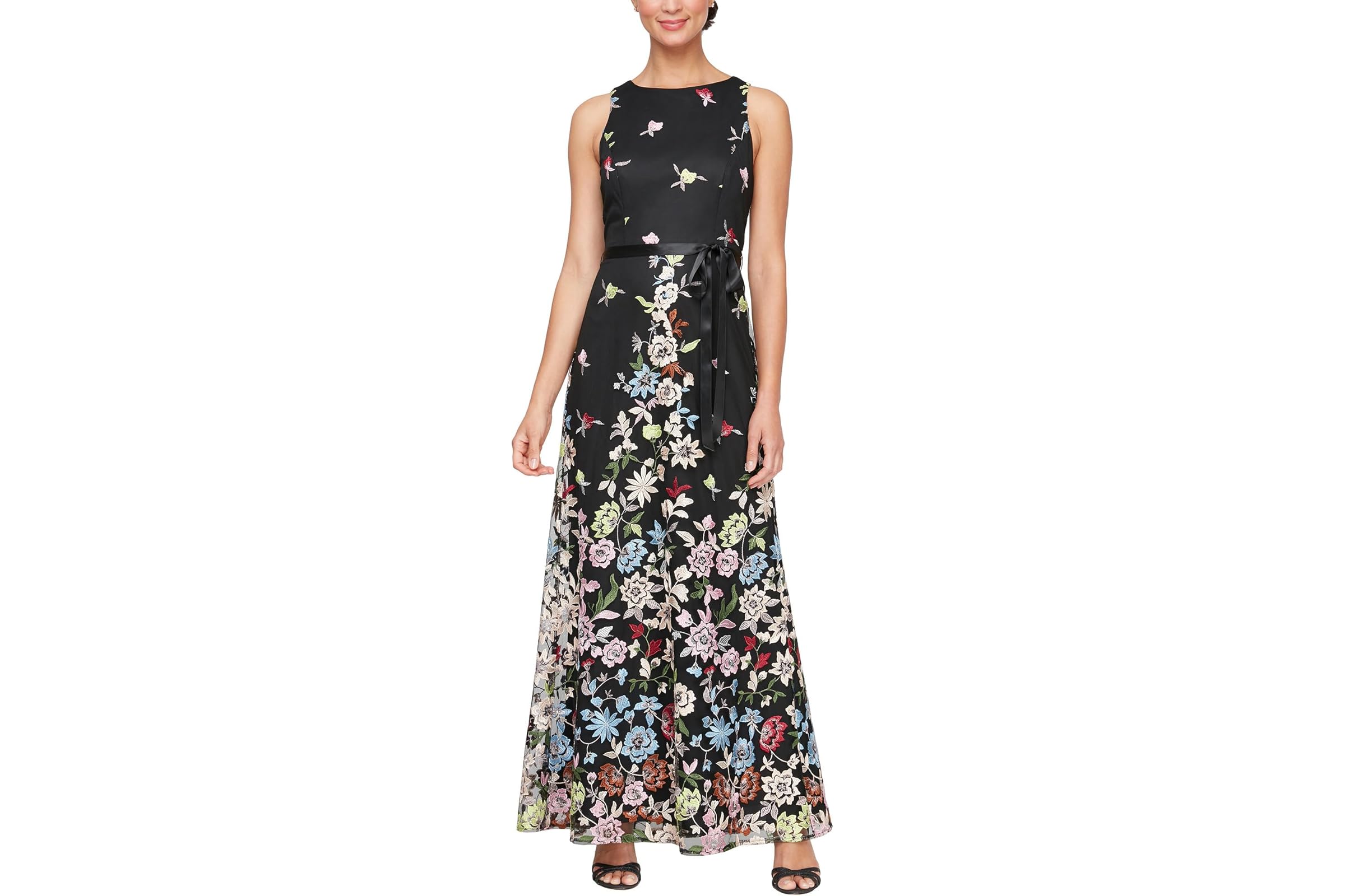 Alex Evenings Long Embroidered A-Line Dress with Satin Tie Belt