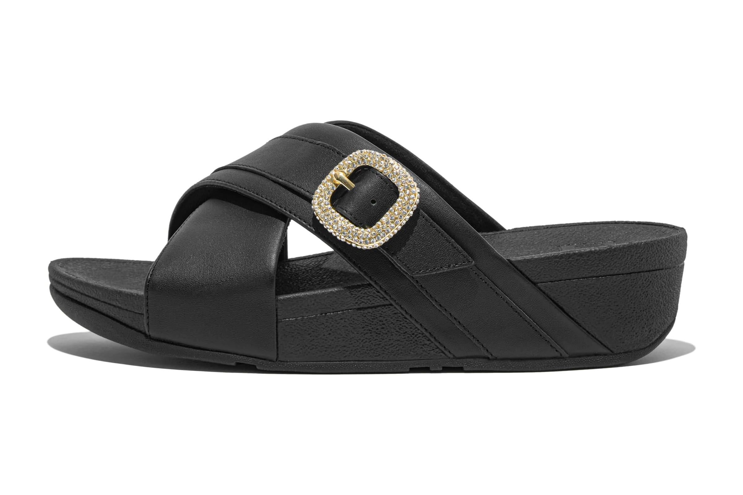 FitFlop Lulu Crystal-Buckle Leather Cross Slides