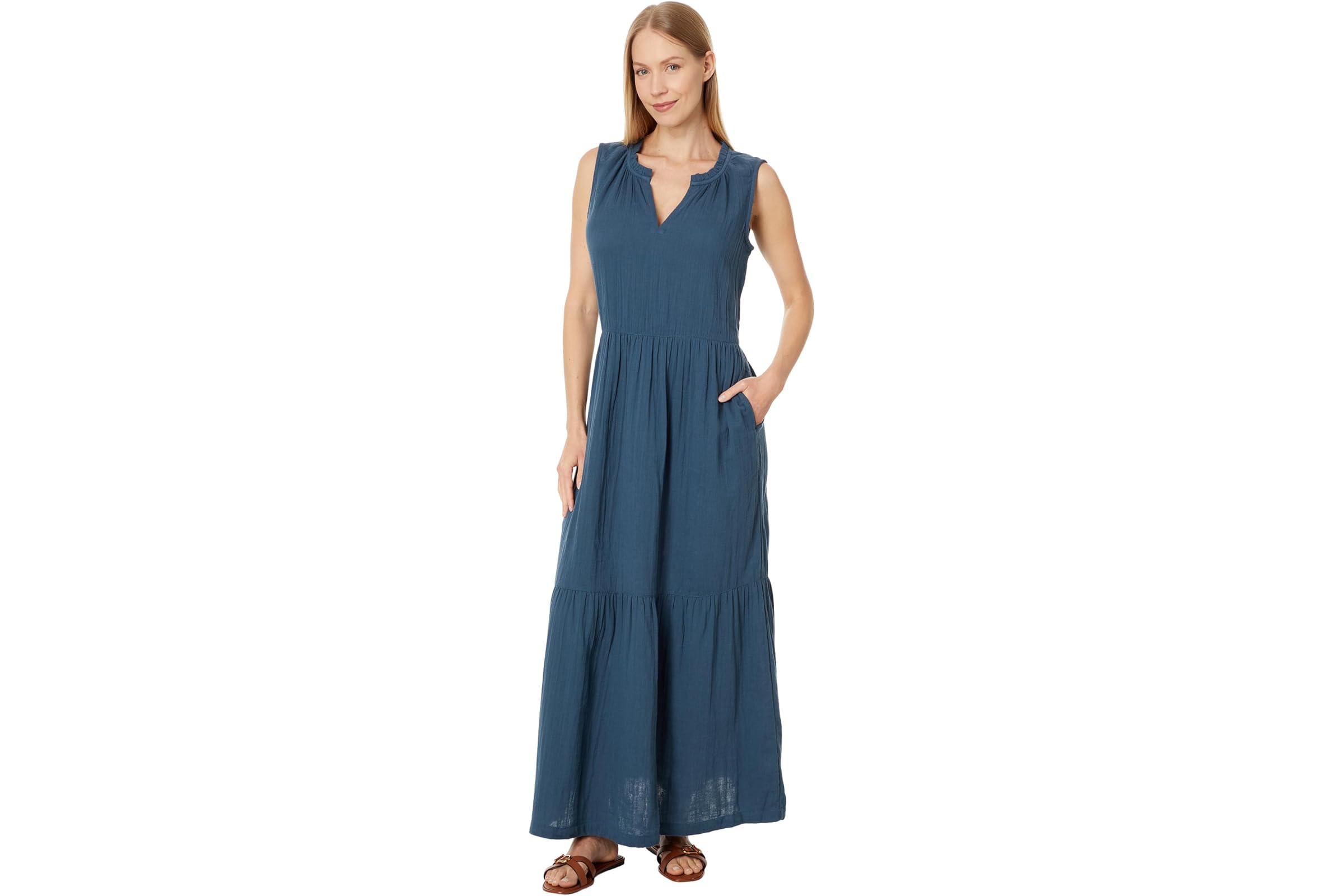 PACT Coastal Double Gauze Ruffle Maxi Dress