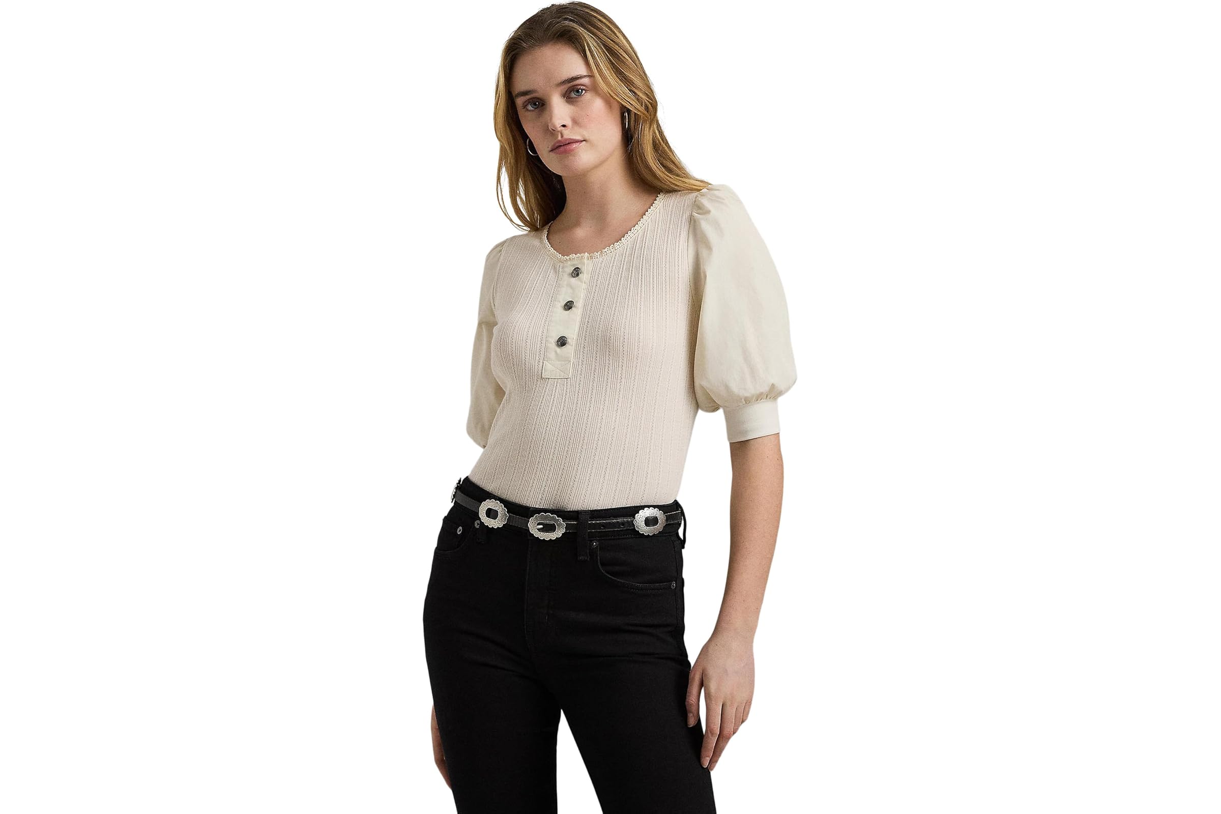 LAUREN Ralph Lauren Pointelle Puff Sleeve Henley Tee