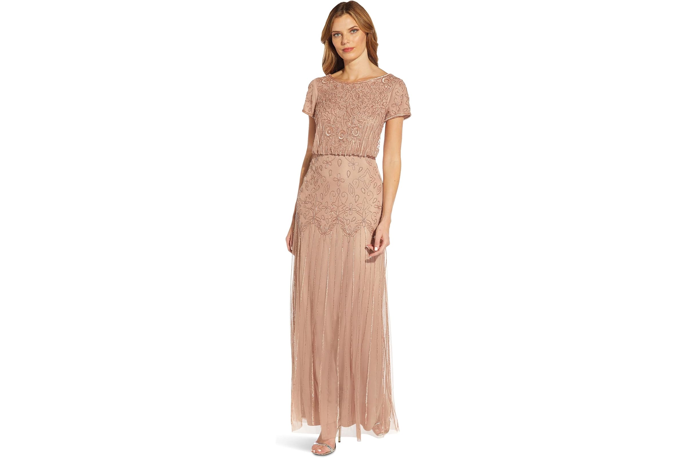 Adrianna Papell Boat Neck Short Sleeve Blouson Beaded Gown