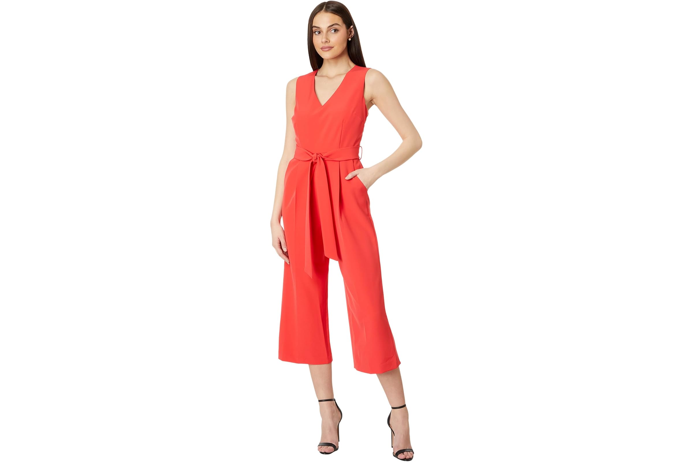 Vince Camuto Sleeveless V-Neck Belted Poly Base Jumpsuit