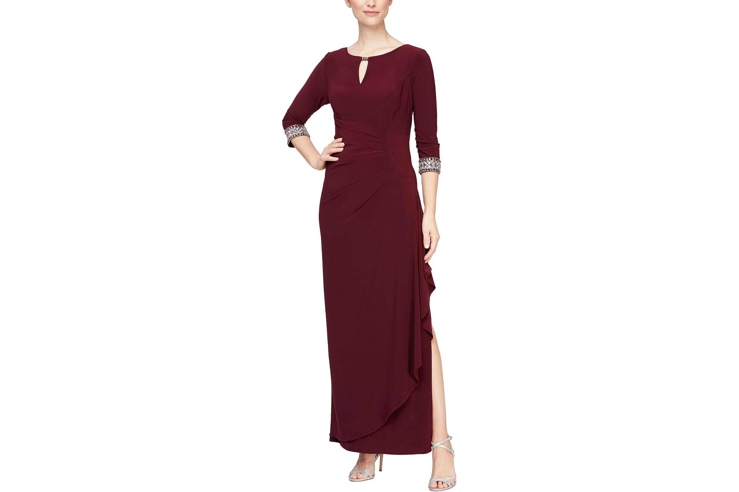 Alex Evenings Long A-Line Dress with Embellished Sleeves and Neckline