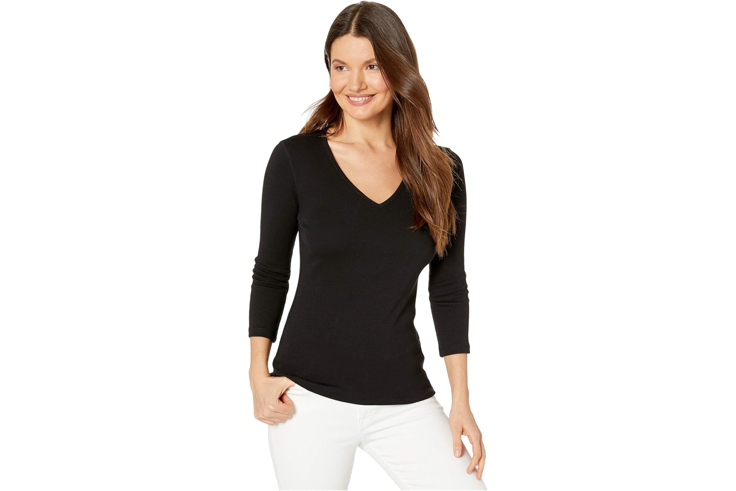 Lilla P 1x1 Rib 3/4 Sleeve V-Neck Top