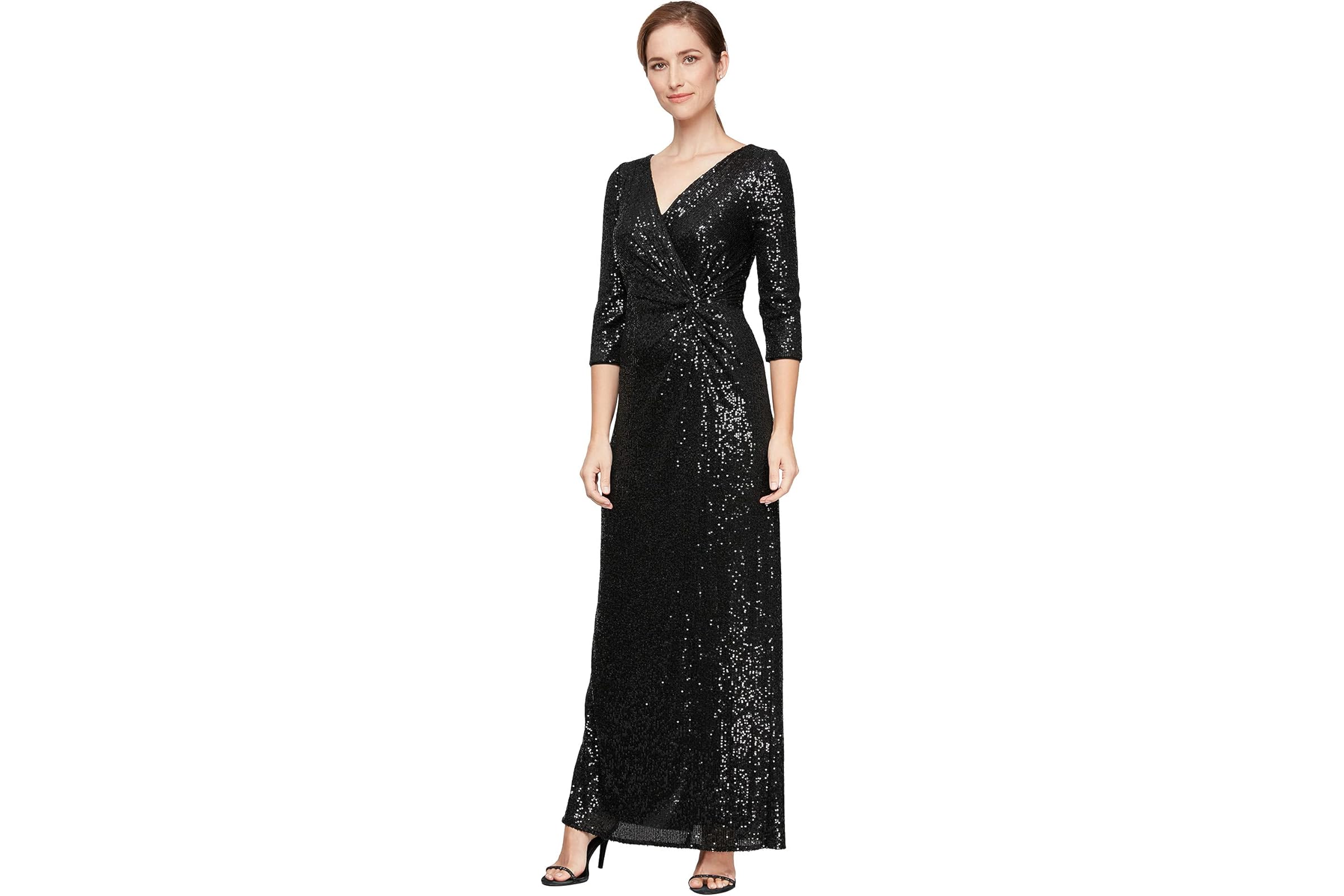 Alex Evenings Long Sequin Column Dress with Knot Front Detail