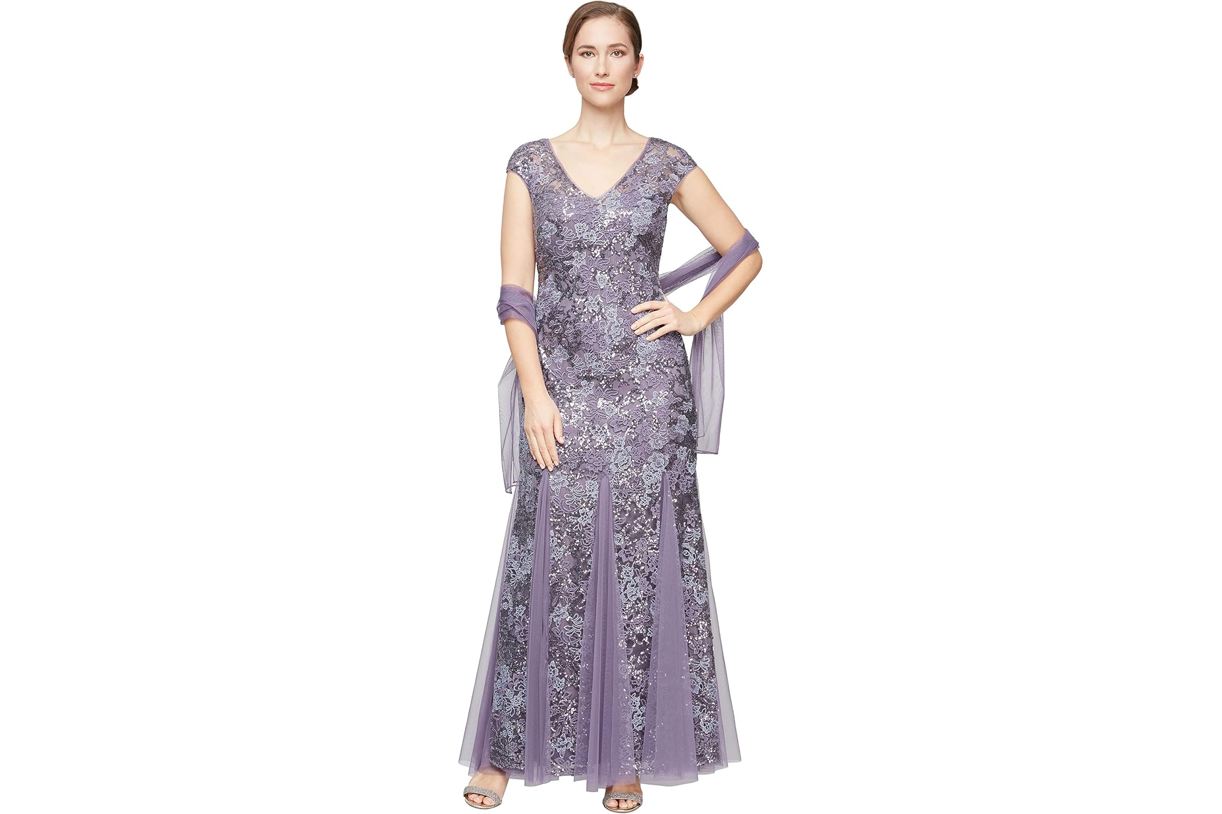 Alex Evenings Long Embroidered Fit-and-Flare Dress with Godet Detail Skirt and Shawl