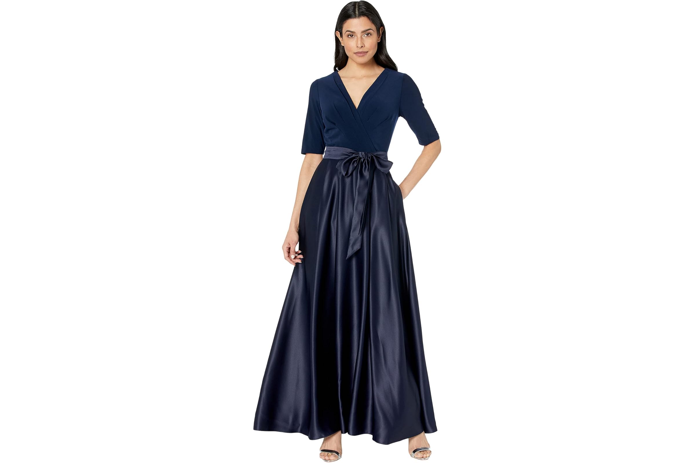 Alex Evenings Tea Length Surplice Neckline Dress with Tie Waist