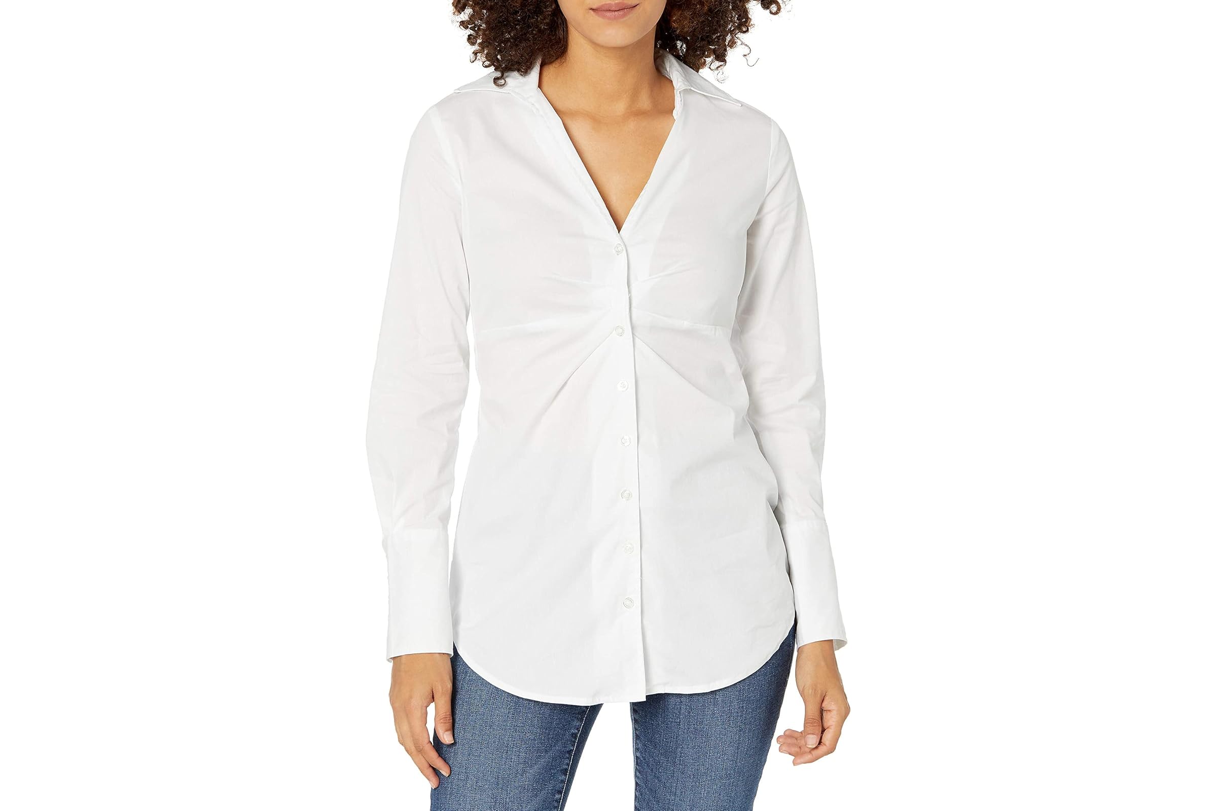Calvin Klein V-Neck Ruched Front Poplin Button Down
