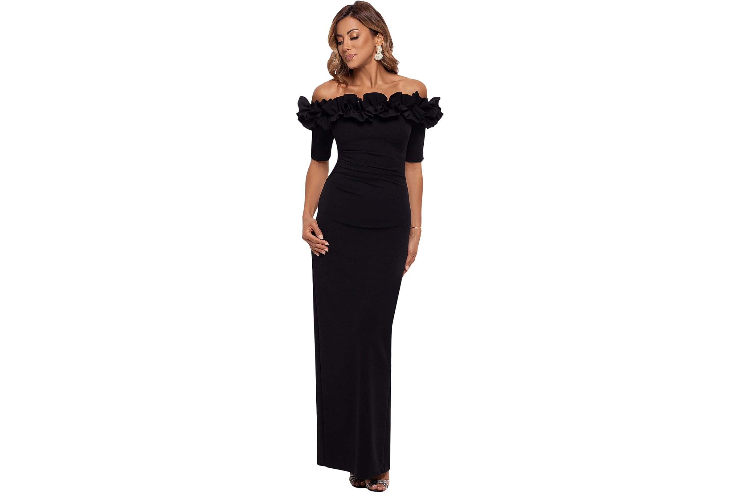 XSCAPE Long Crepe Off The Shoulder Ruffle Short Sleeve