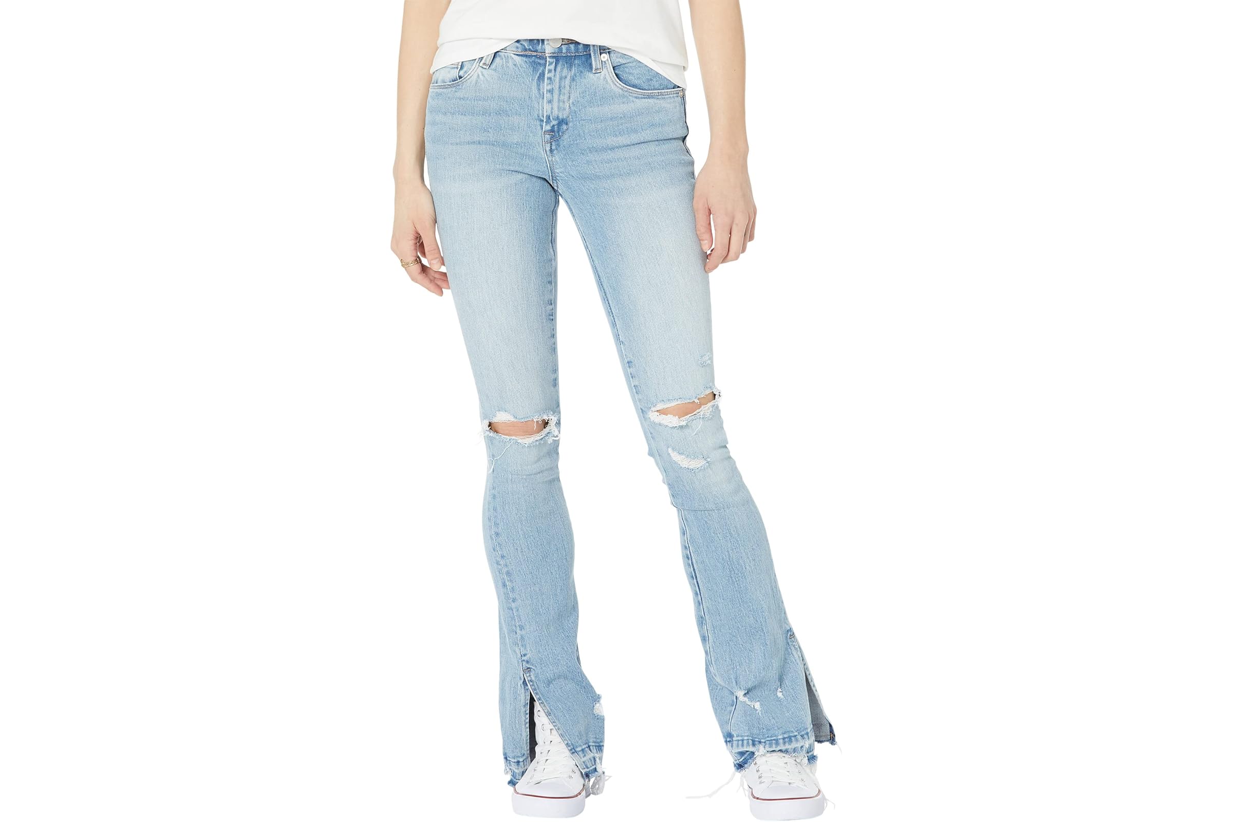 Blank NYC Hoyt Mini Boot Denim Jeans with Ripped Knees and Side Slit Released Hem in Blue