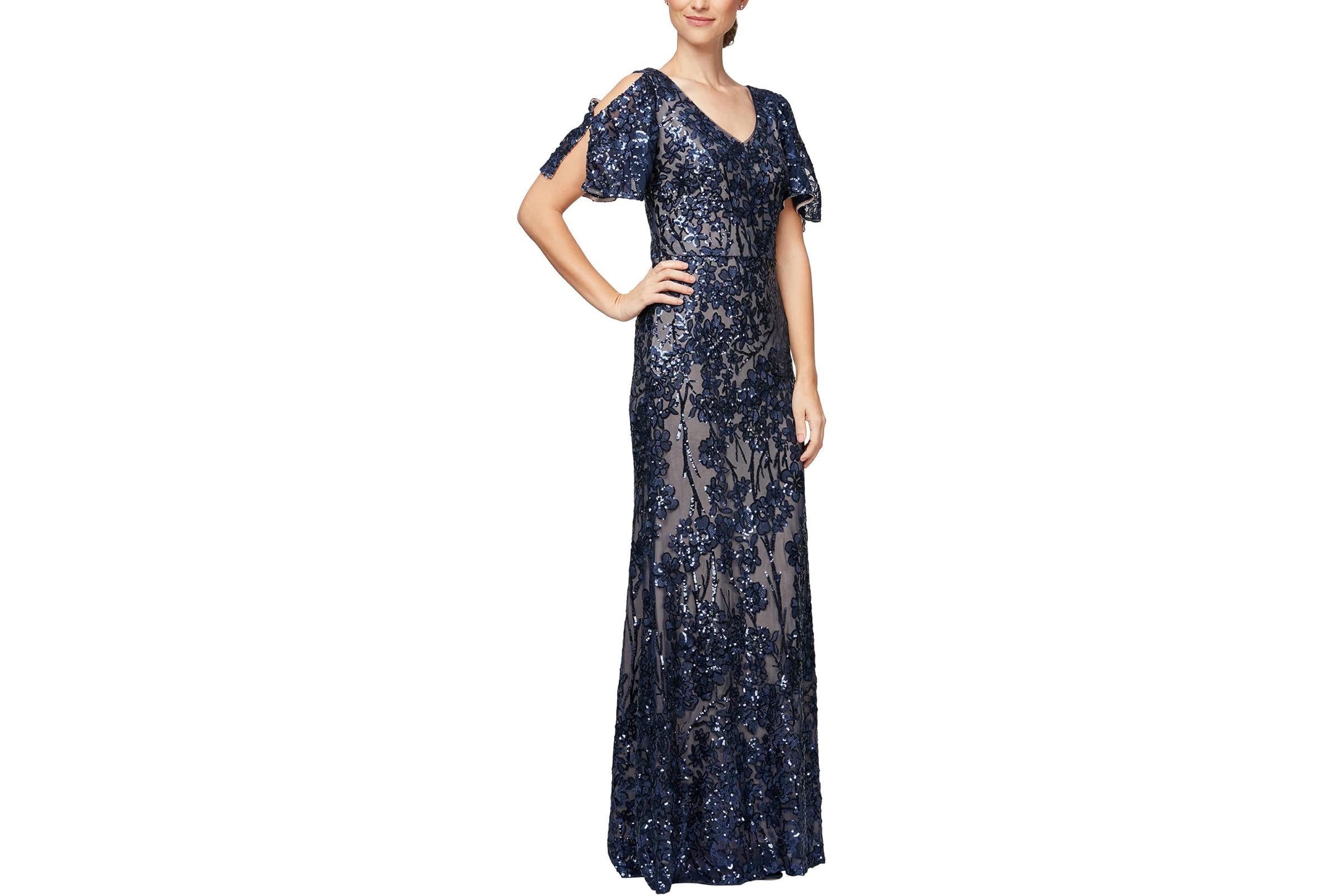 Alex Evenings Long V-Neck A-Line Dress with Cold Shoulder Flutter Sleeves 45690₽