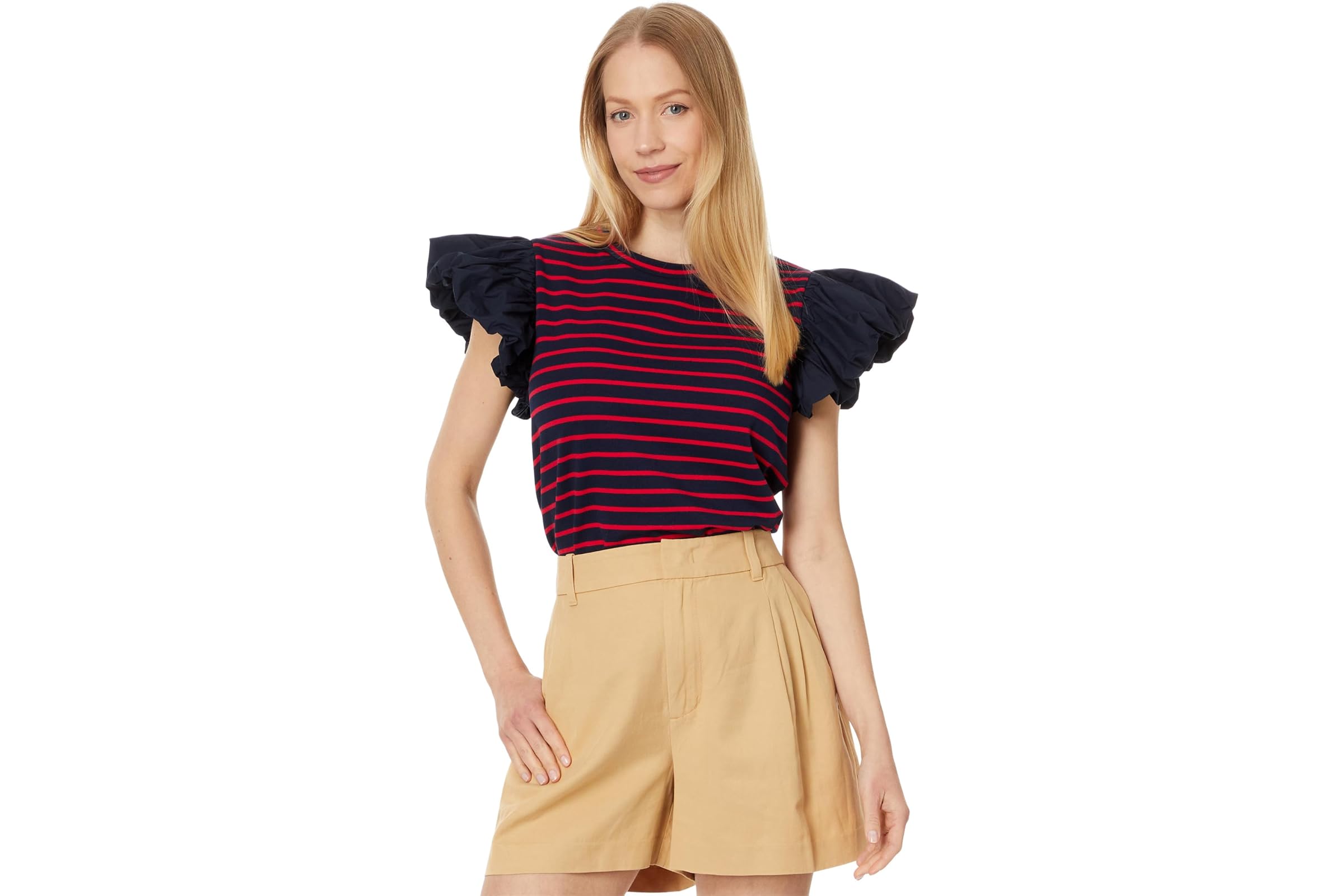 English Factory Stripe Knit with Poplin Puff Sleeve Top 9790₽