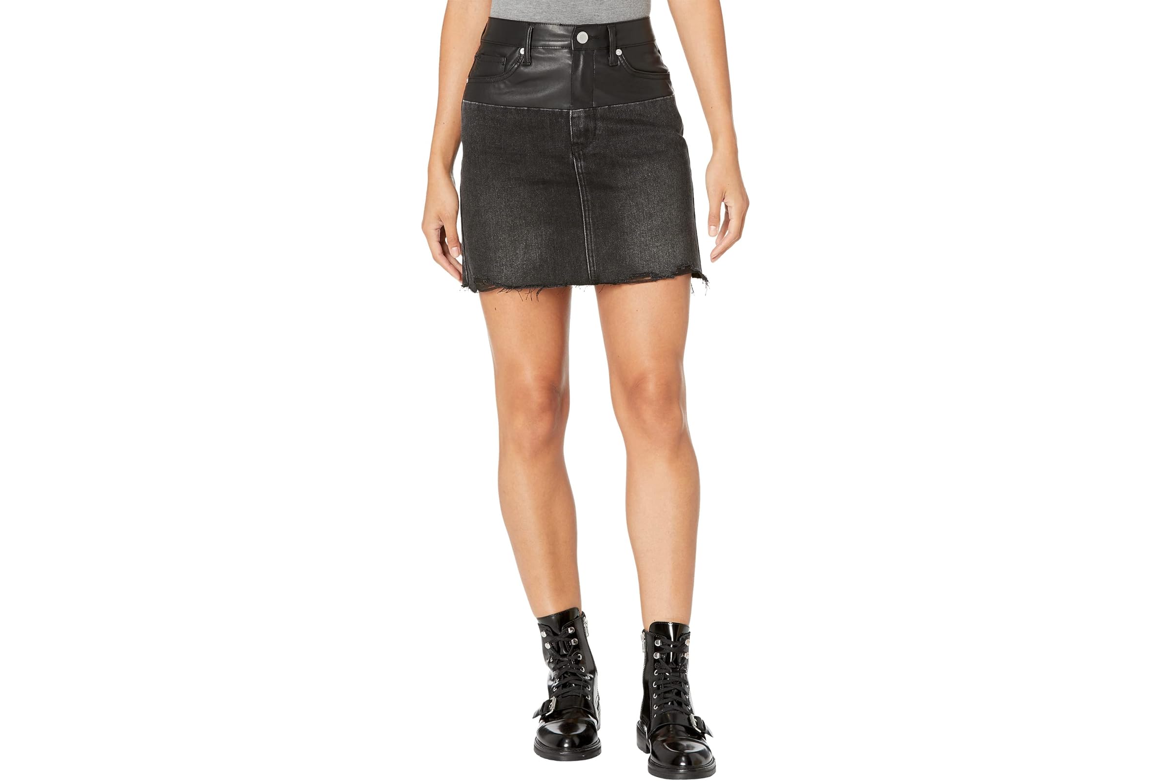 Blank NYC Leather and Denim Patchwork High-Rise Miniskirt with Raw Hem in Twist Of Fate