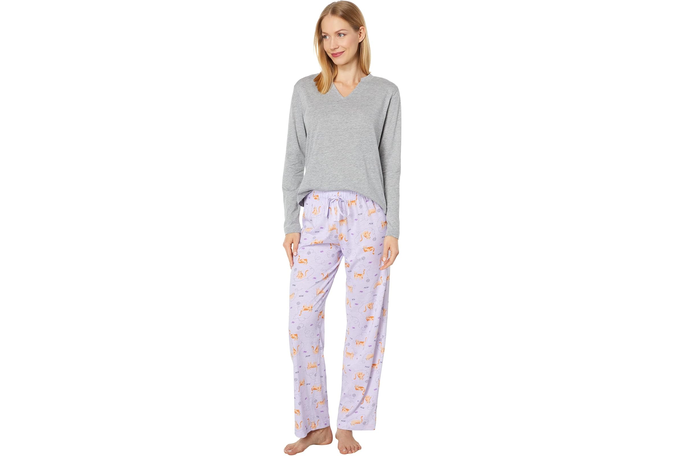 Karen Neuburger Petite Long Sleeve Split-Neck Tee PJ Set