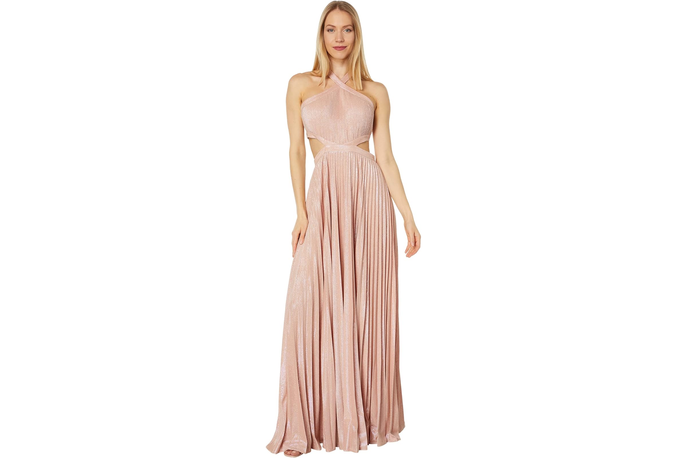 BCBGMAXAZRIA Pleated Metallic Cross Neck Evening Gown 84490₽