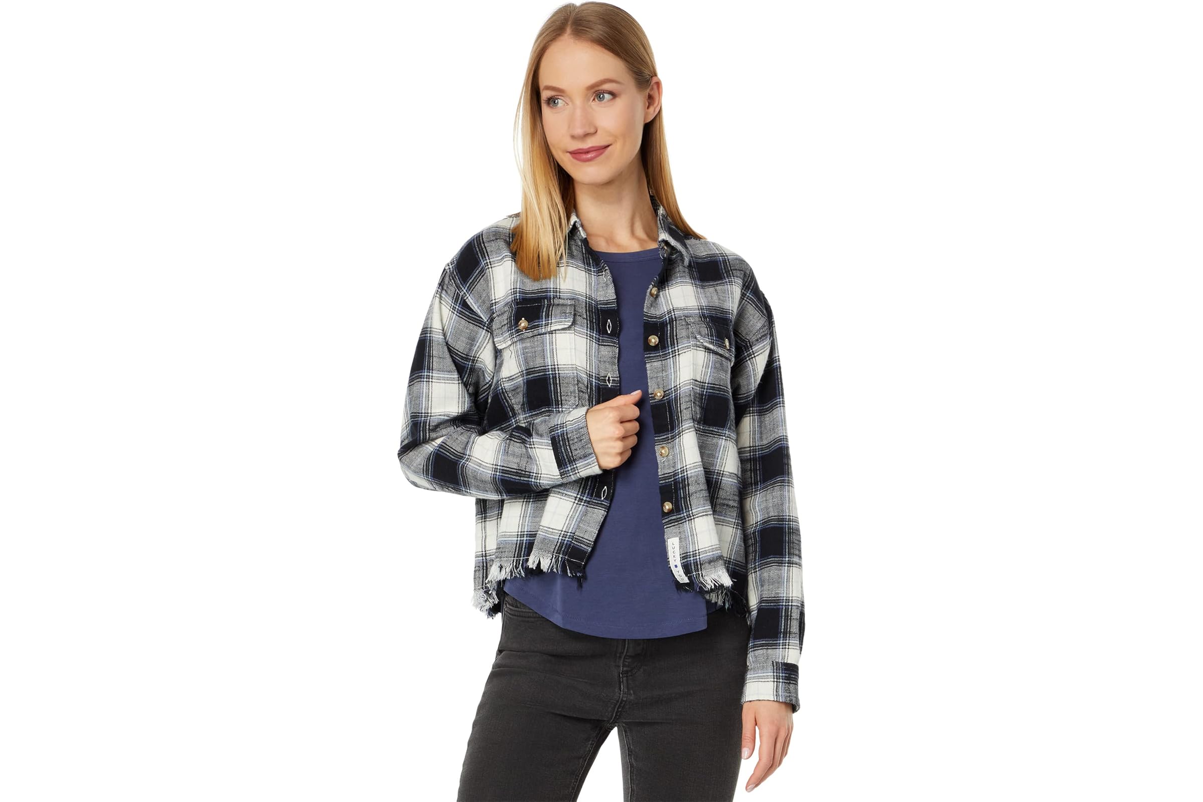 Lucky Brand Raw Edge Plaid Cropped Button-Down Shirt 9390₽