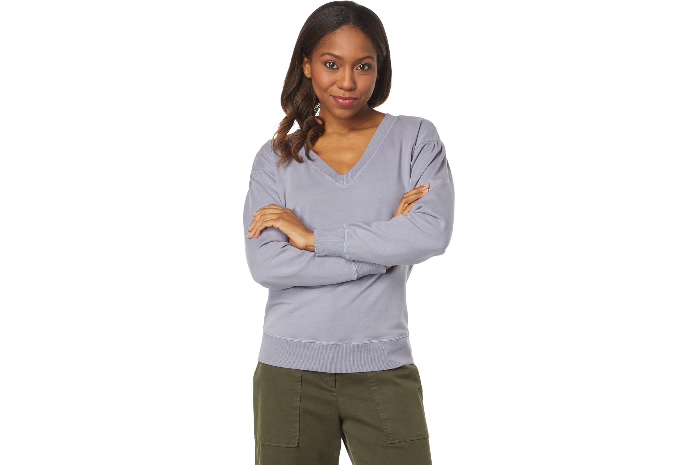 Mod-o-doc Lightweight French Terry Long Sleeve Puff Sleeve V-Neck Sweatshirt