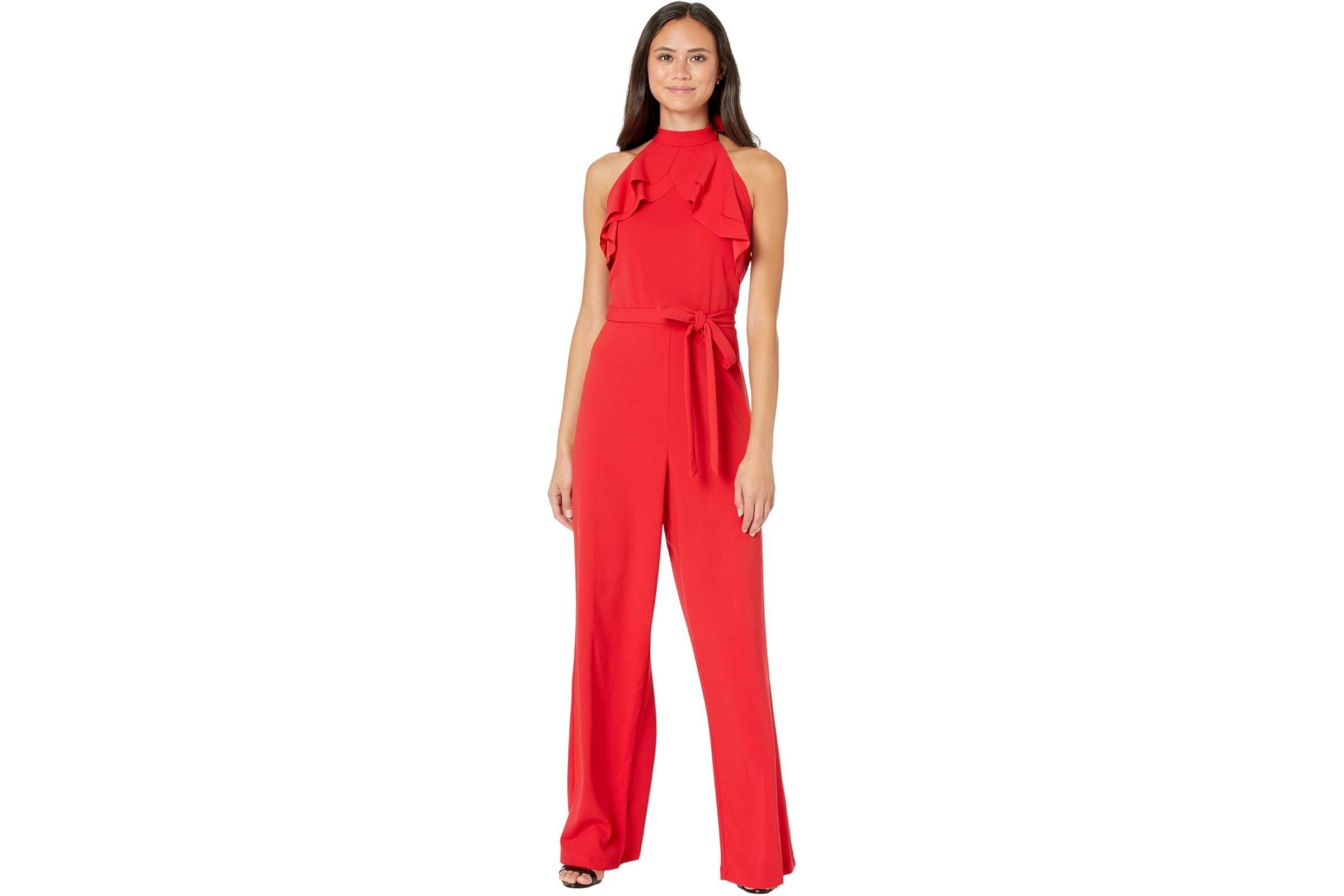 Bebe Ruffle Halter Tie Neck Jumpsuit