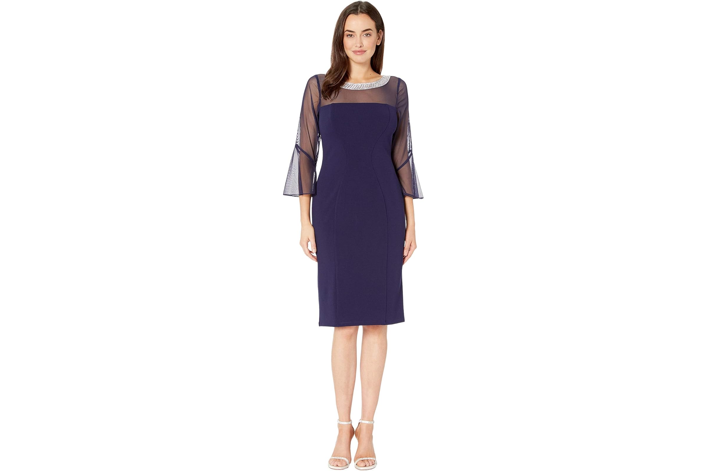 Alex Evenings Short Shift Dress with Beaded Illusion Neckline and Bell Sleeves 36890₽