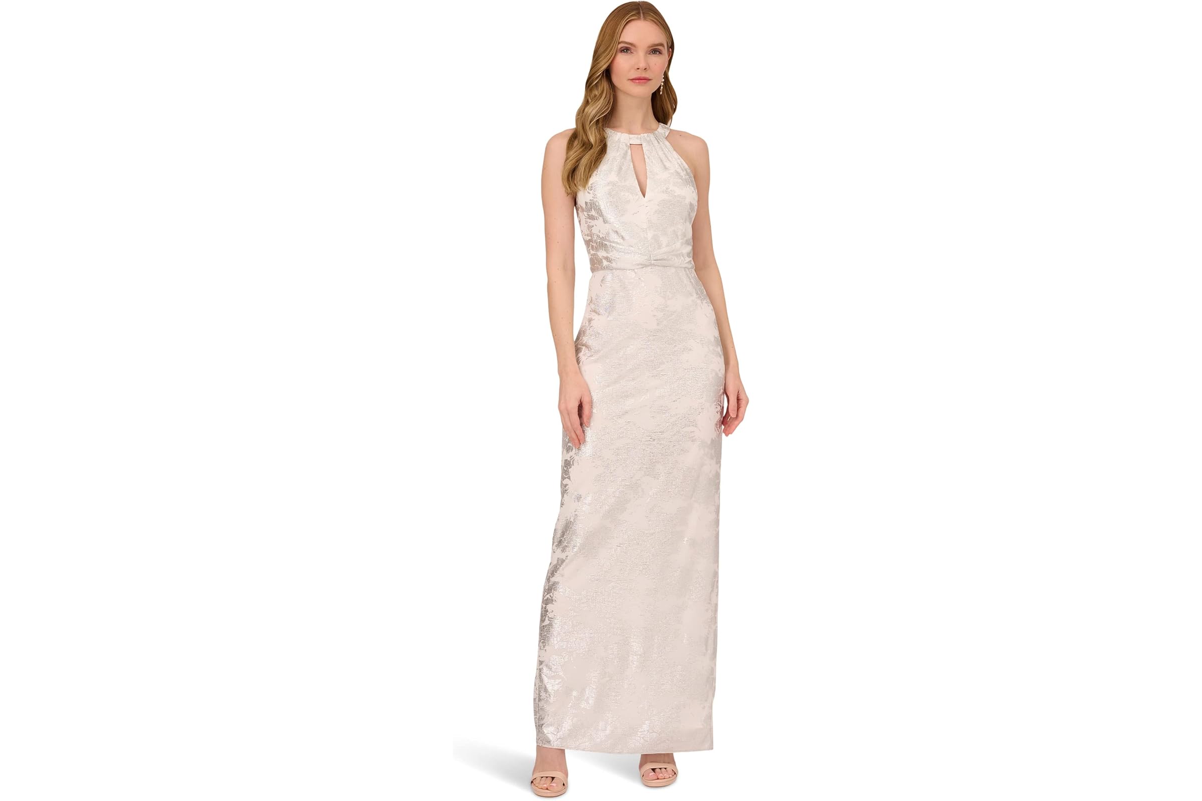 Adrianna Papell Long Sleeveless Foiled Halter Gown