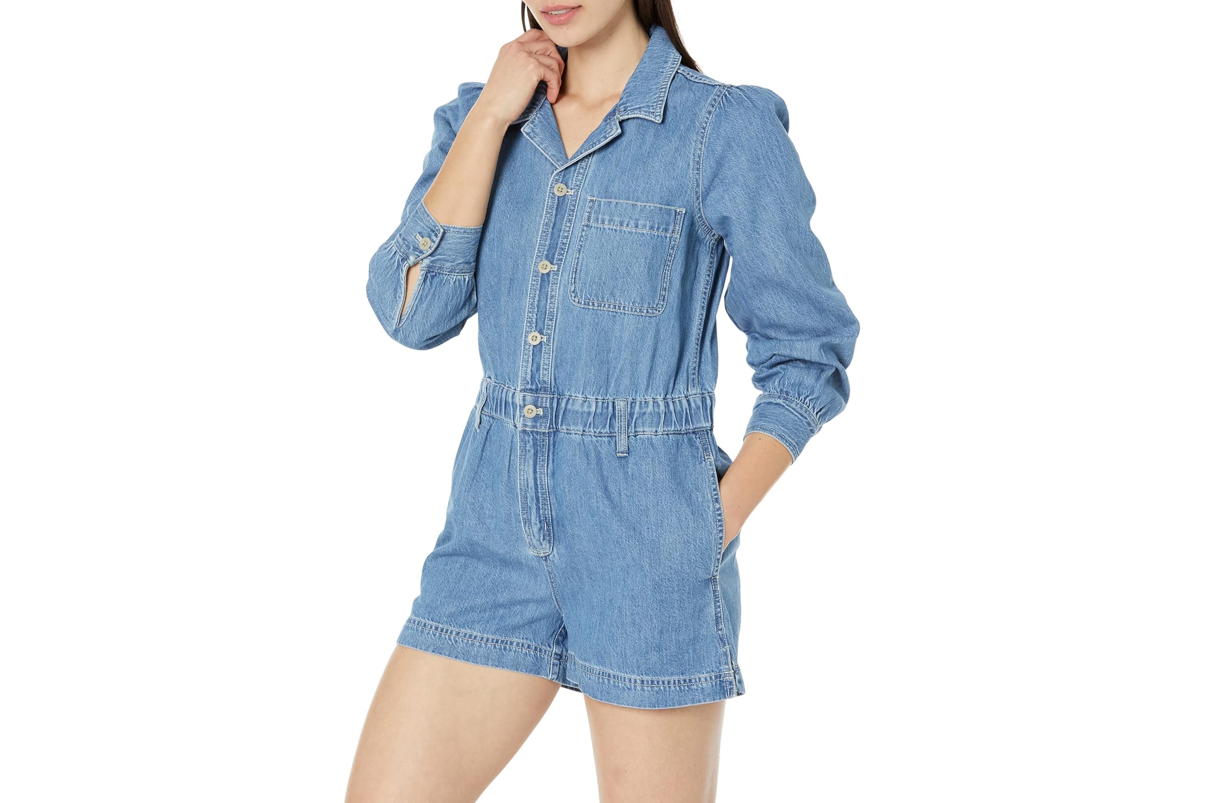 Madewell Long Sleeve Elastic Waist Denim Romper in Rushland Wash 13590₽