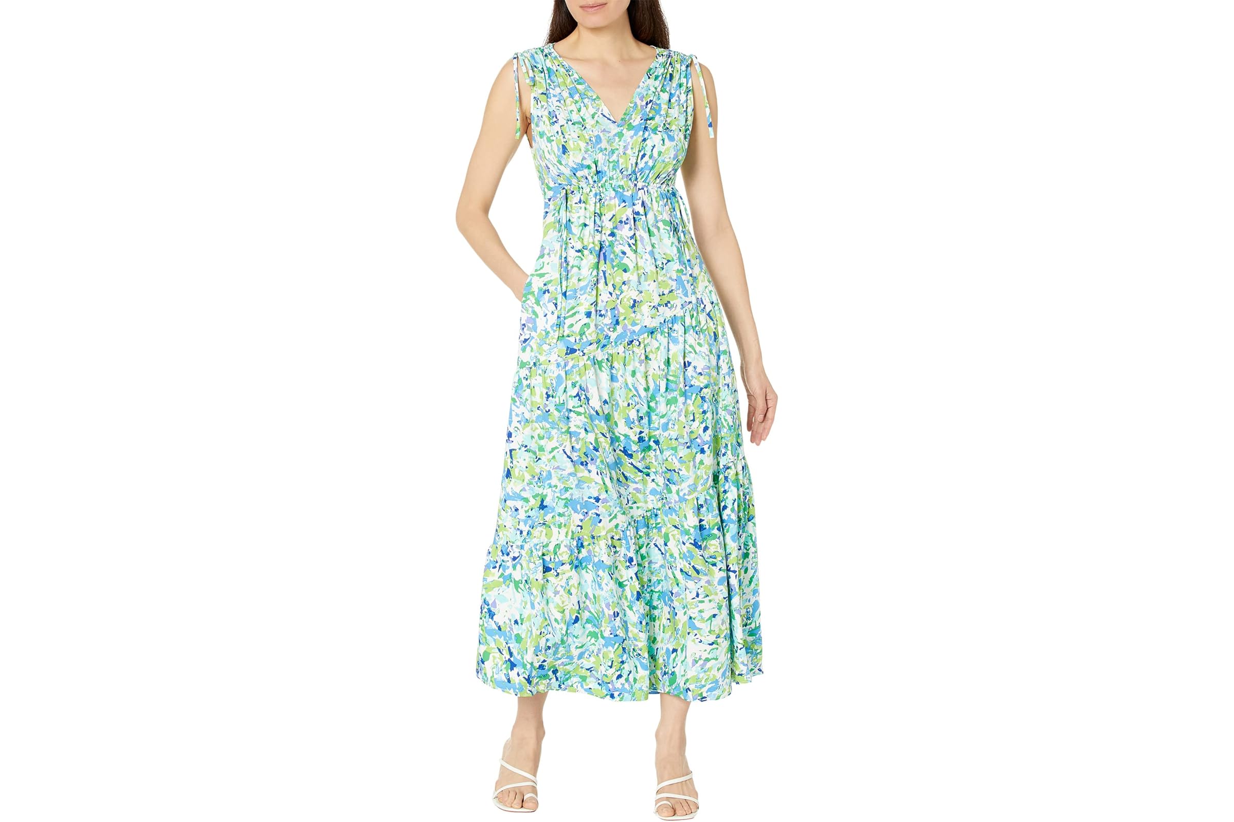 Maggy London Floral Print Maxi with Shoulder Gather Dress