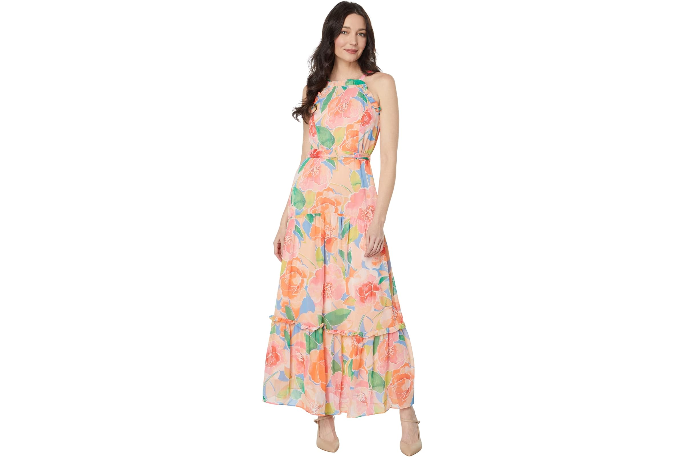 Maggy London Apron Front Floral Print Maxi Dress