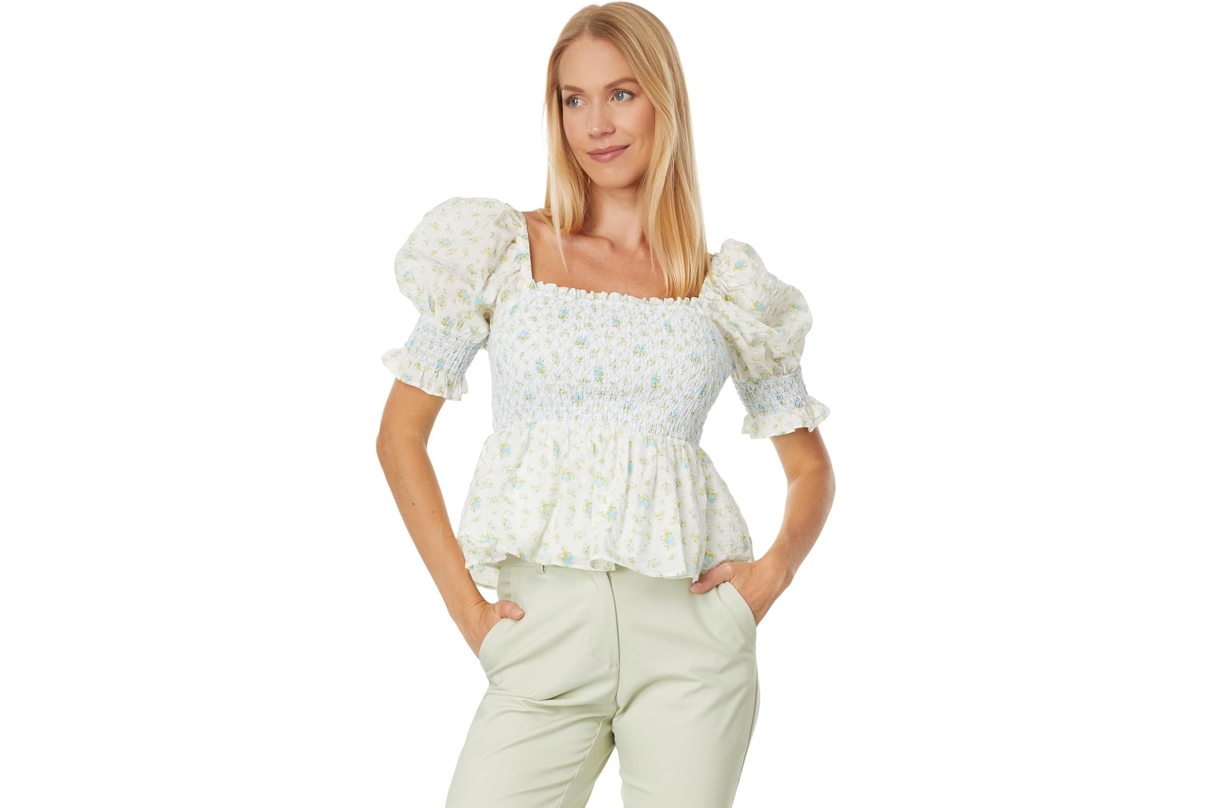 English Factory Smocked Floral Puff Sleeve Top