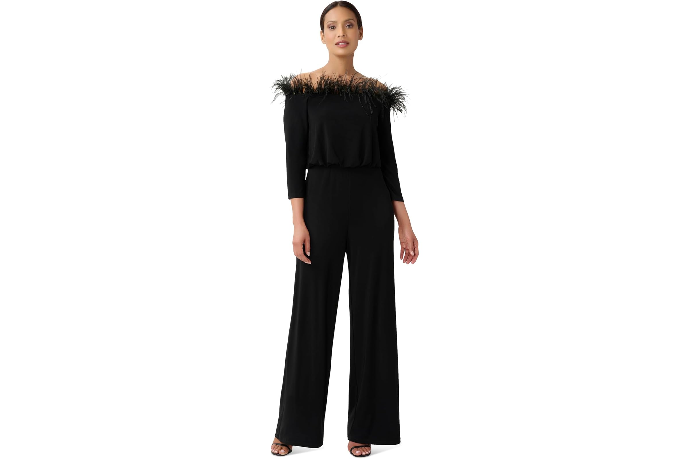 Adrianna Papell Stretch Jersey Blousson Jumpsuit with Feather Trim 40090₽