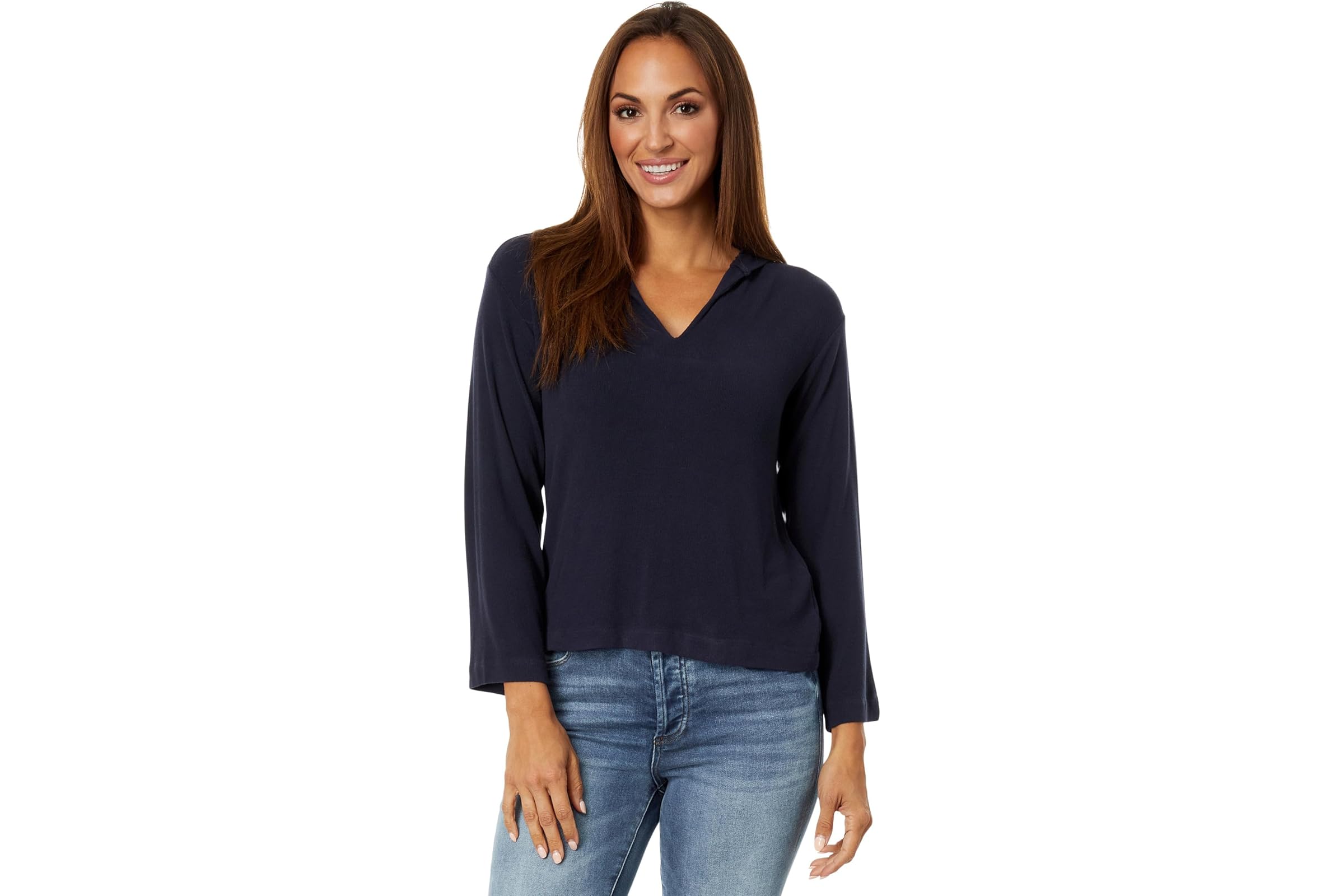 Mod-o-doc Cozy Micro Rib Long Sleeve V-Neck Pullover Hoodie