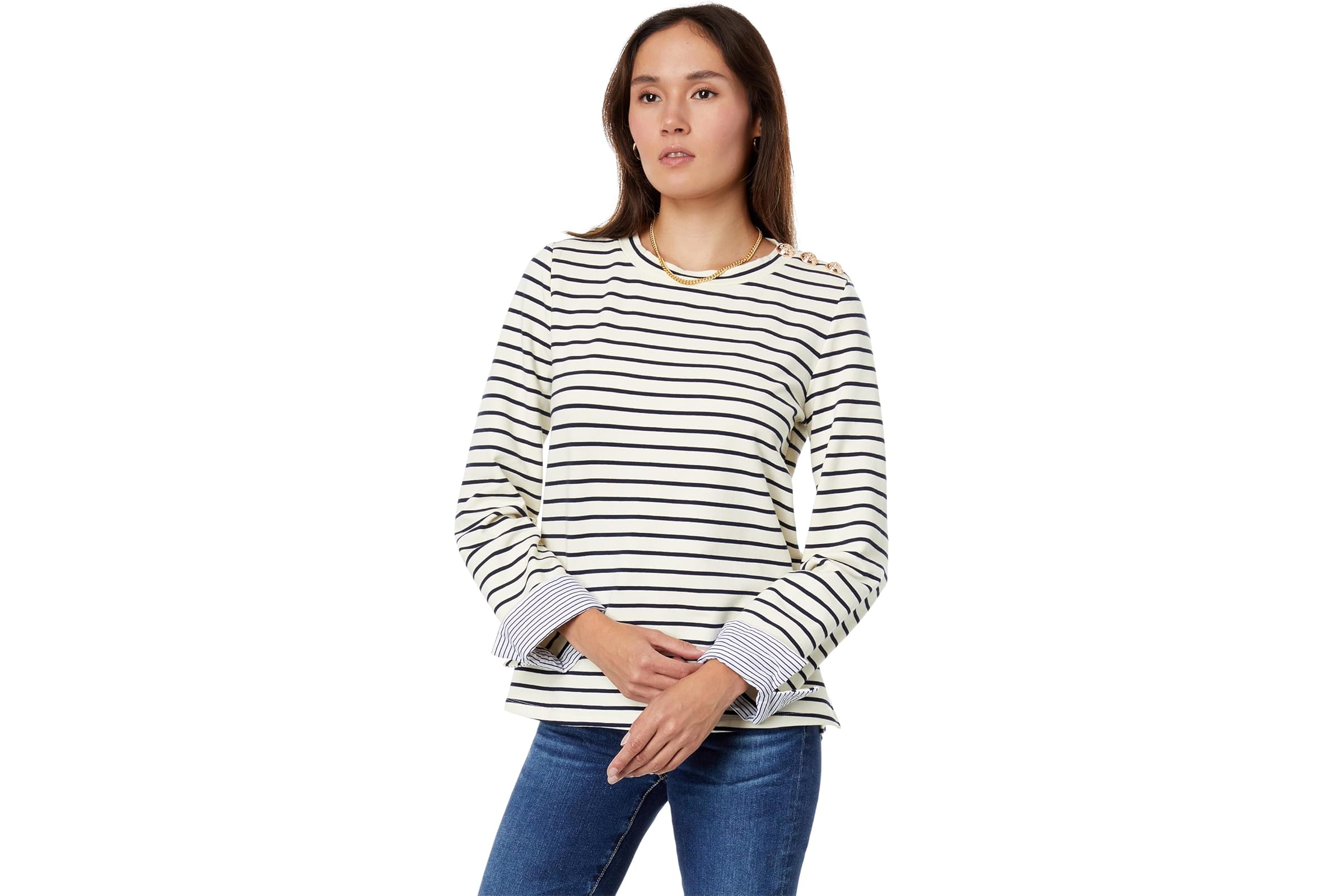 English Factory Striped Breton Tee with Fold-Over Combo Cuff 13290₽