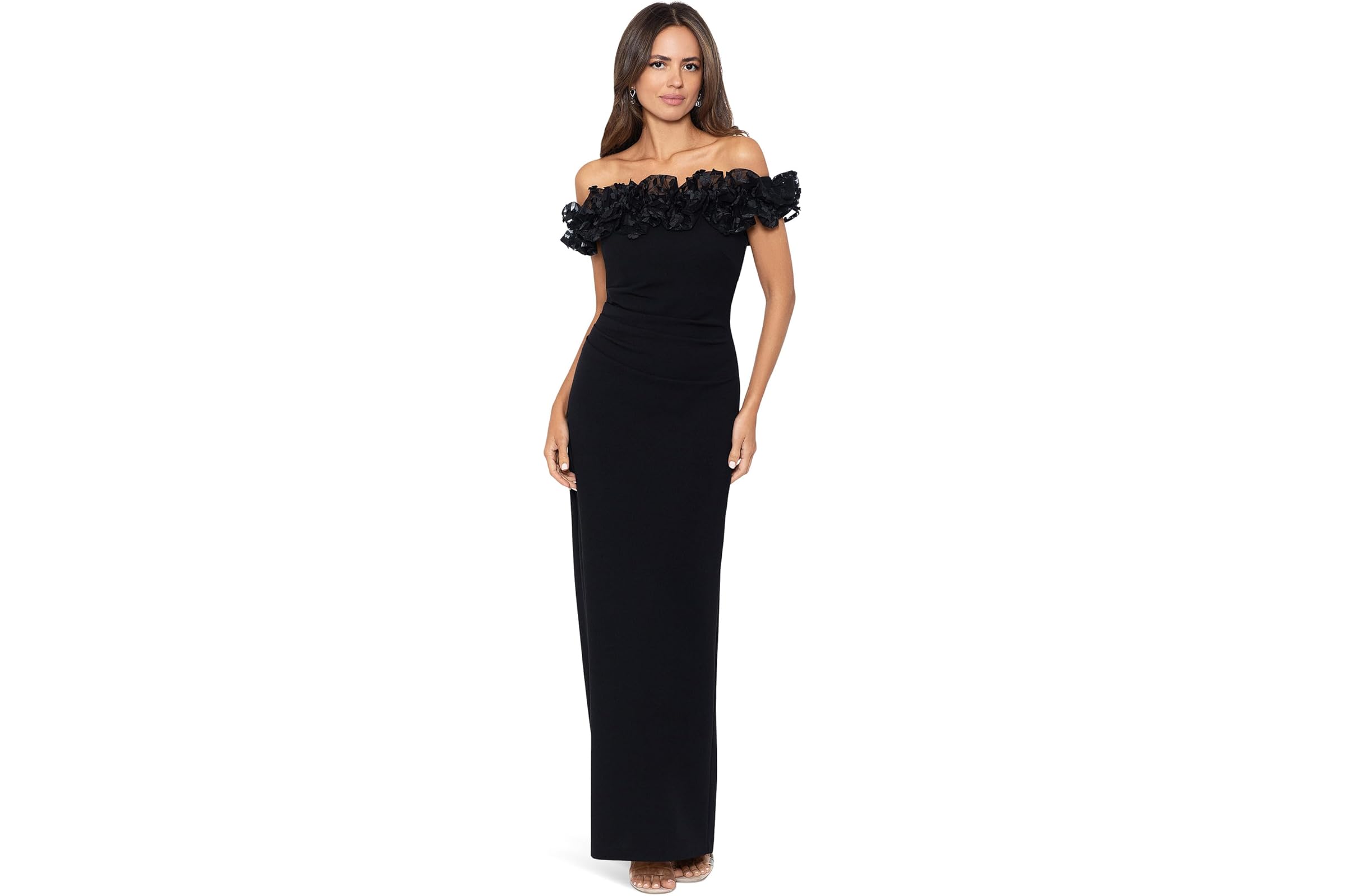 Платье XSCAPE Long Off-the-Shoulder Crepe 3-D Embroidered Ruffle