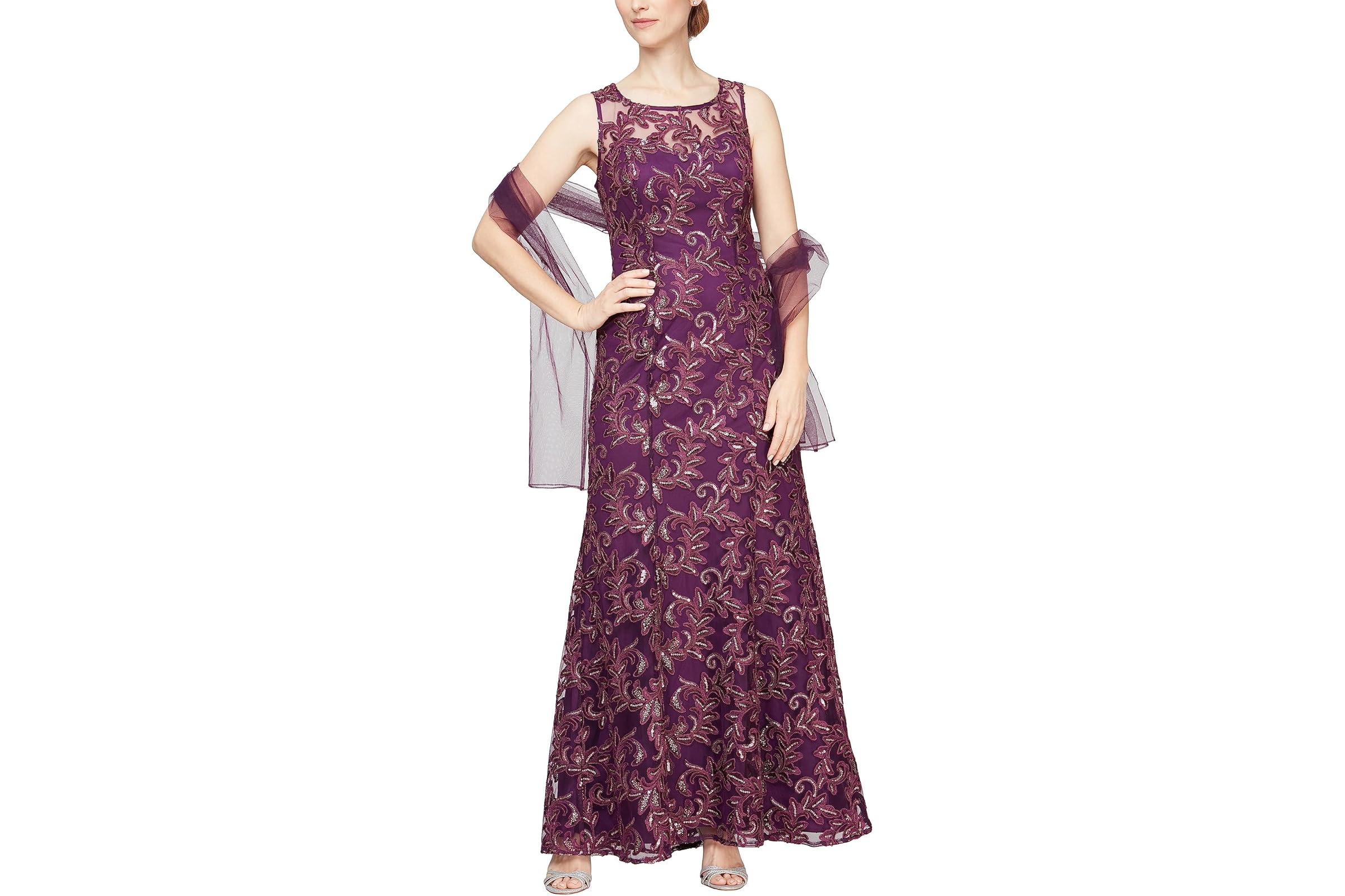 Alex Evenings Long Embroidered Gown with Sweetheart Illusion Neckline and Chiffon Shawl