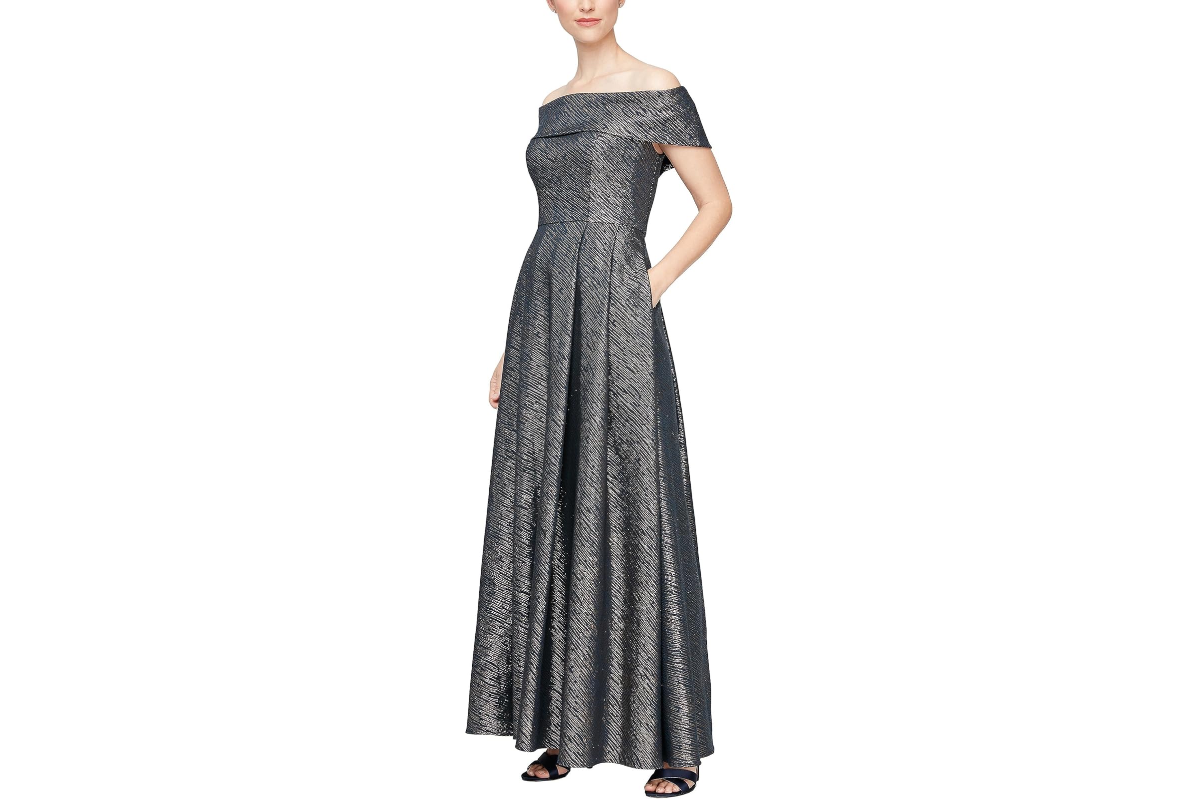 Alex Evenings Stretch Jacquard Off The Shoulder Ballgown with Full Skirt and Pockets