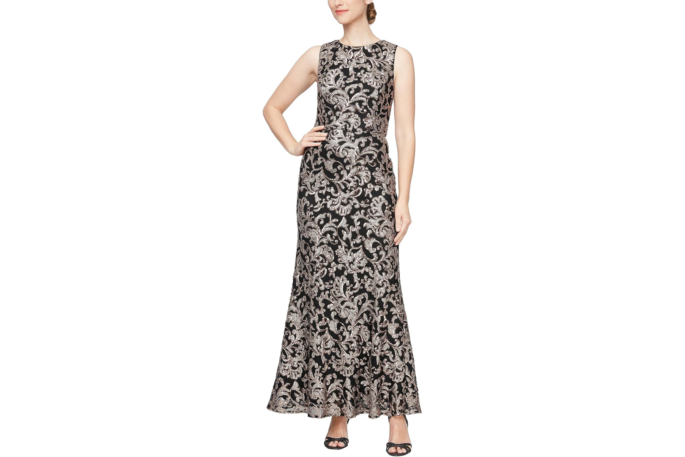 Alex Evenings Long Sequins Embroiderd Dress with Illusion Neckline and Fit and Flare Skirt