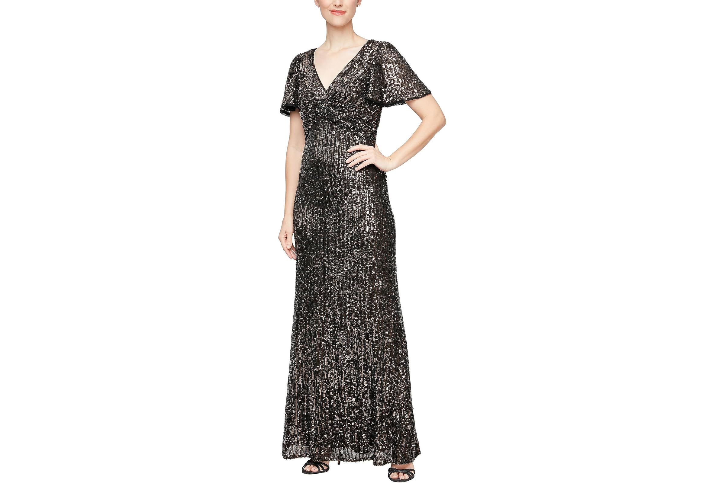 Alex Evenings Long Sequins Gown with Flutter Sleeves and Front Knot Detail