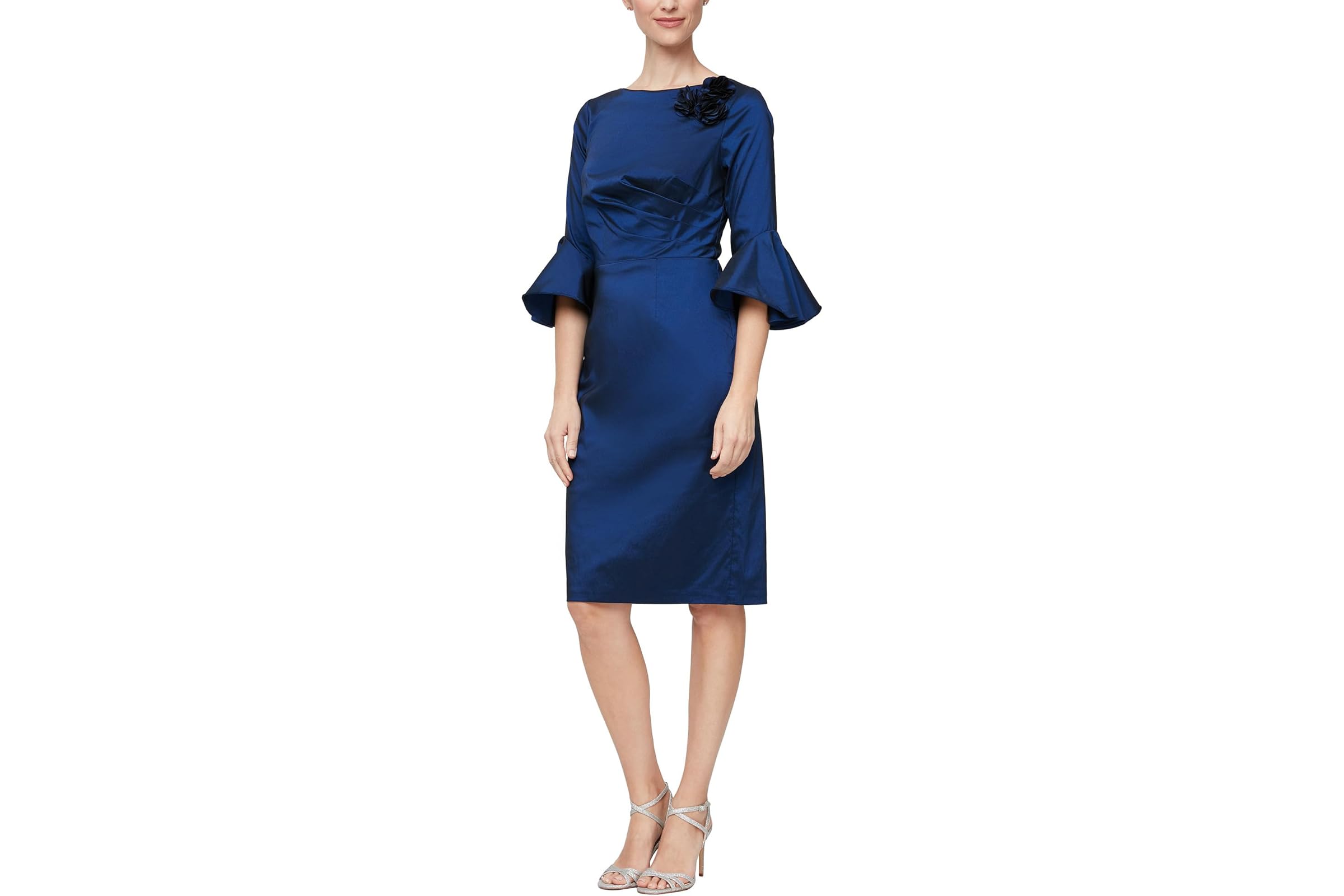 Alex Evenings Short Sheath Dress wShoulder Floral Detail - Bell Sleeves 11290₽