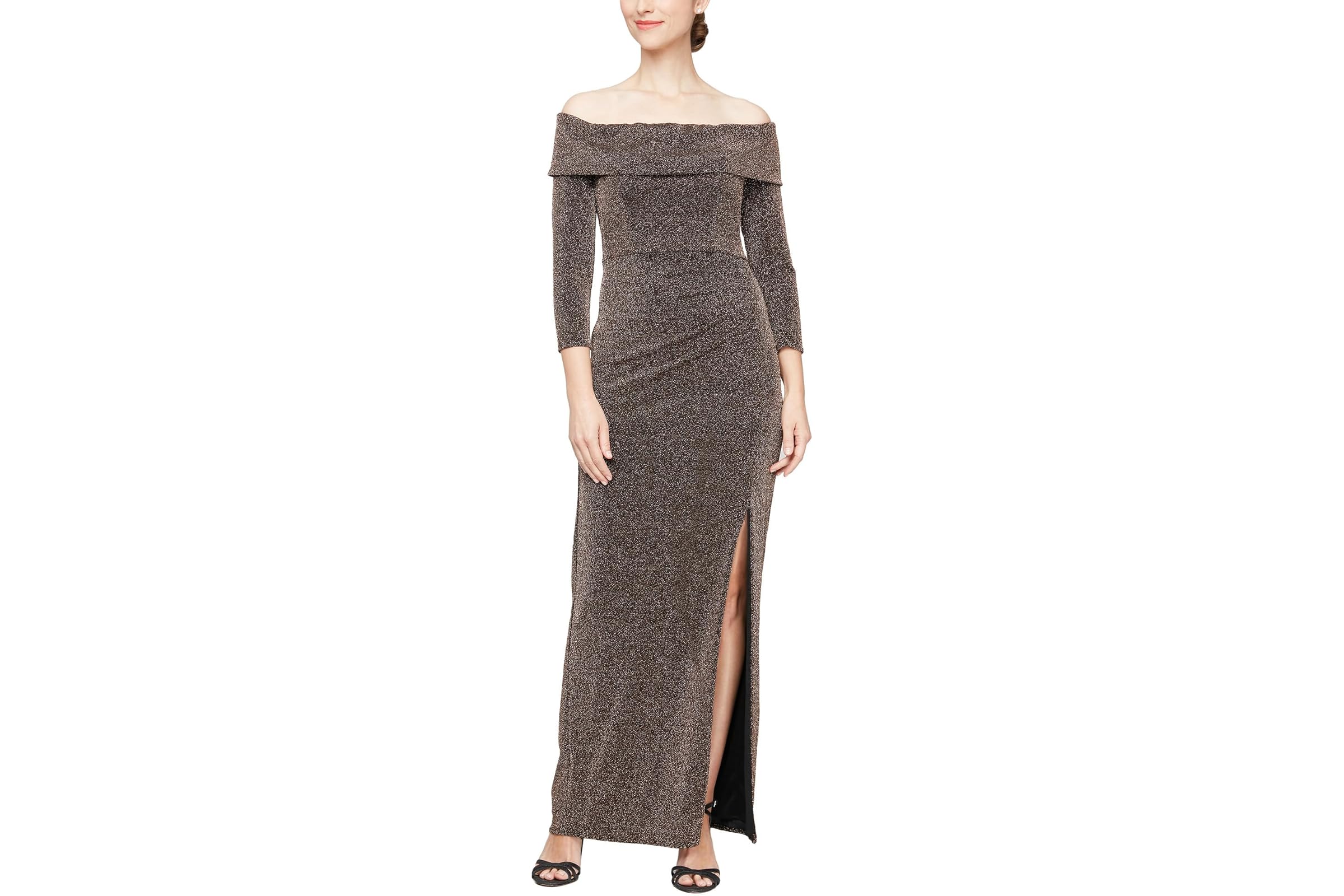 Платье Alex Evenings Long Metallic Knit Off-the-Shoulder Dress wLong Sleeves - Leg Slit 13590₽