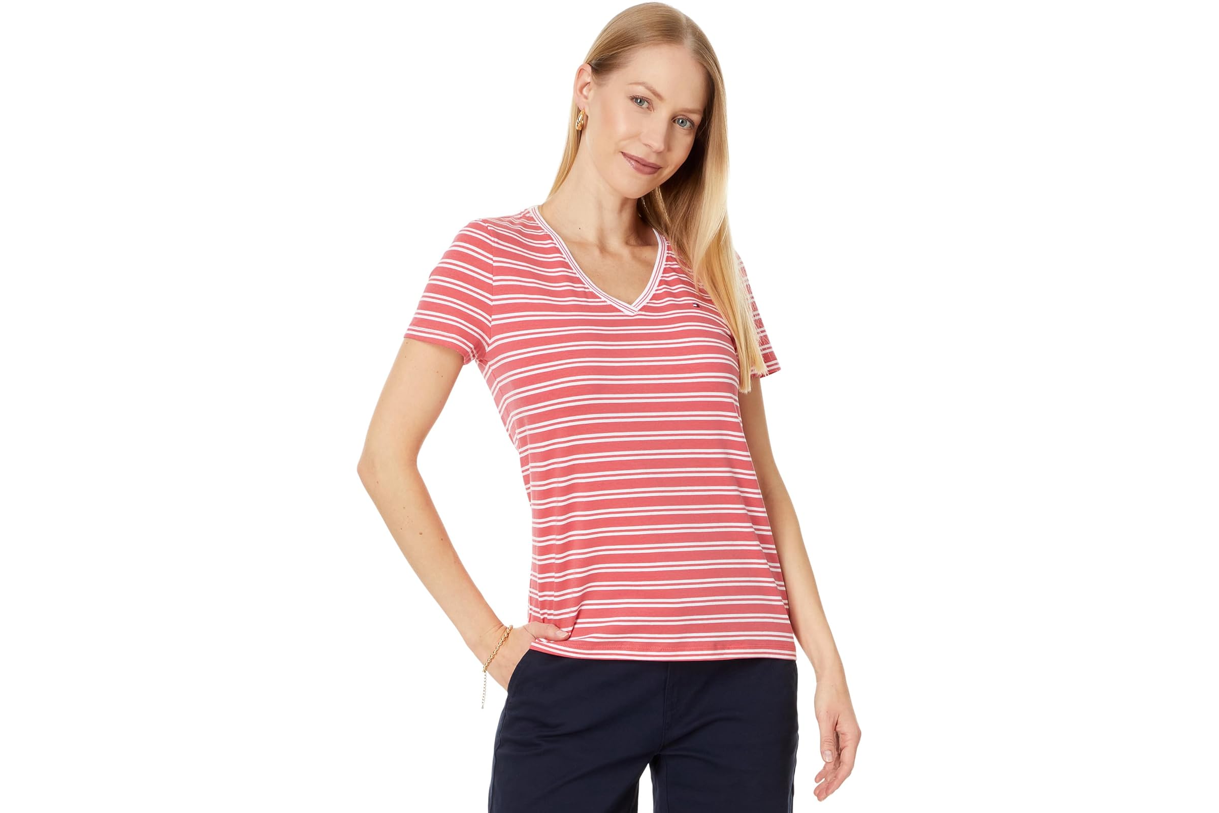 Футболка Tommy Hilfiger Double полосатая с v-образным вырезом 4090₽