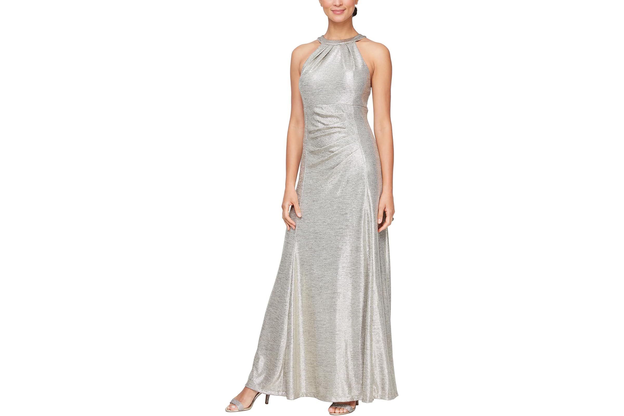 Alex Evenings Metallic Knit Long Halter Neck Dress with Ruched Waist 30090₽