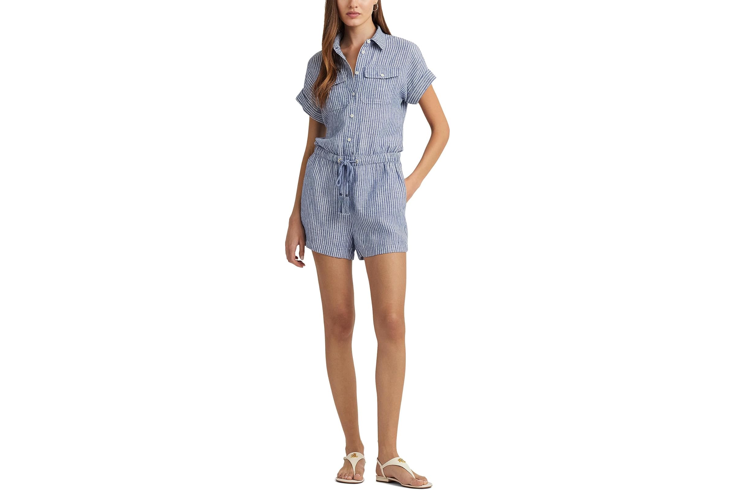 LAUREN Ralph Lauren Pinstripe Linen Shorts-Sleeve Romper