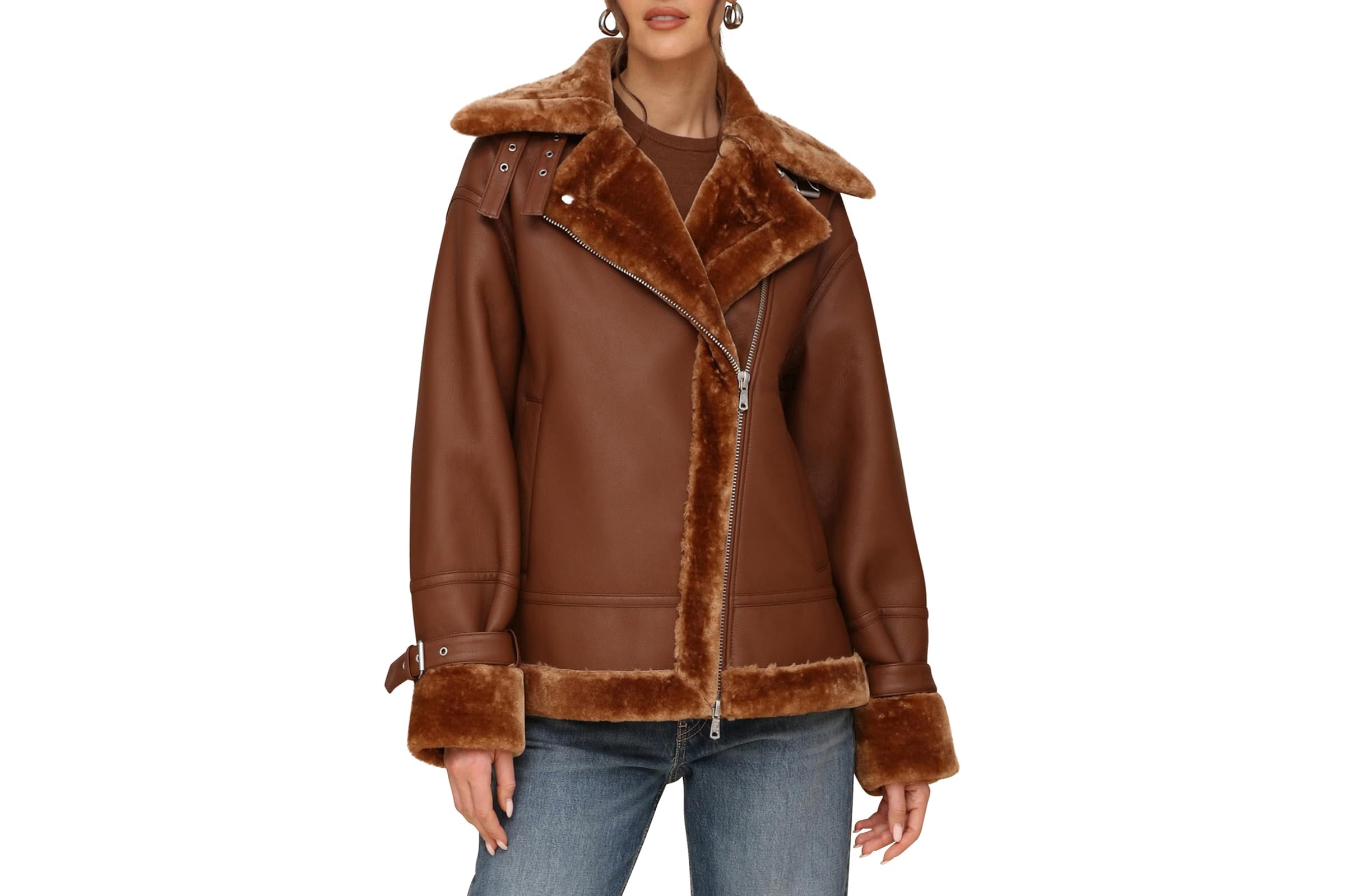Avec Les Filles Oversized Faux Shearling Moto Coat