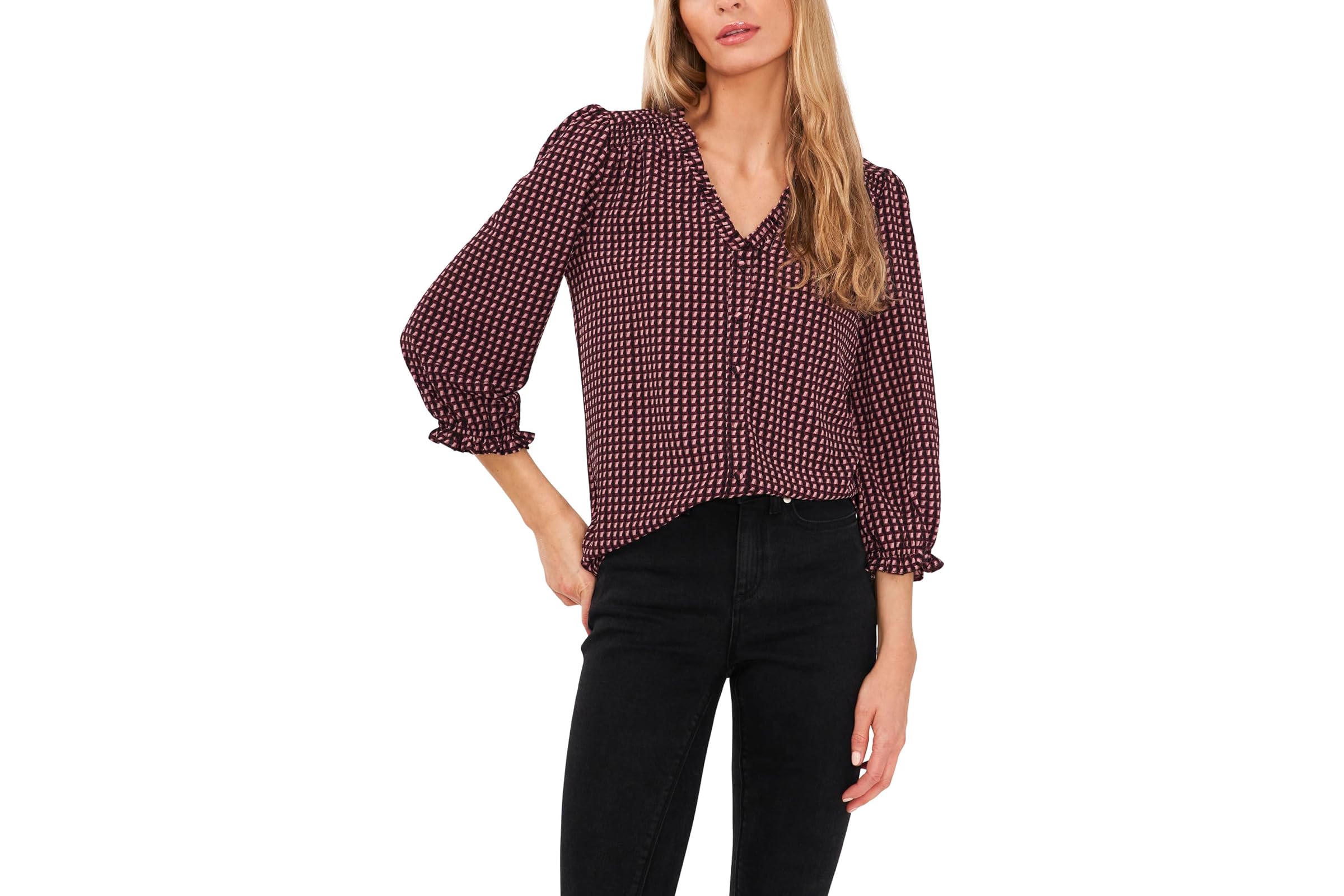 CeCe Geo Print Button Front V-Neck Blouse
